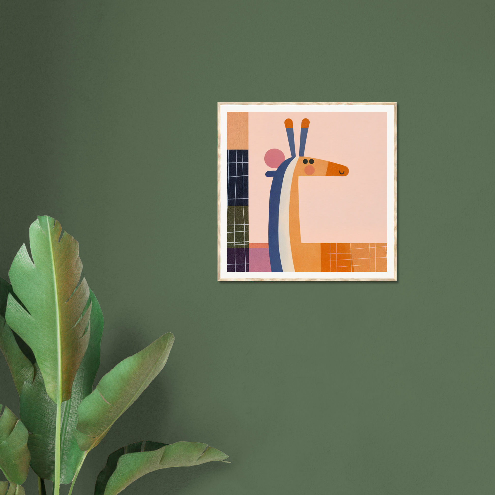 Framed special edition art of minimalist geometric giraffe in orange and blue tones