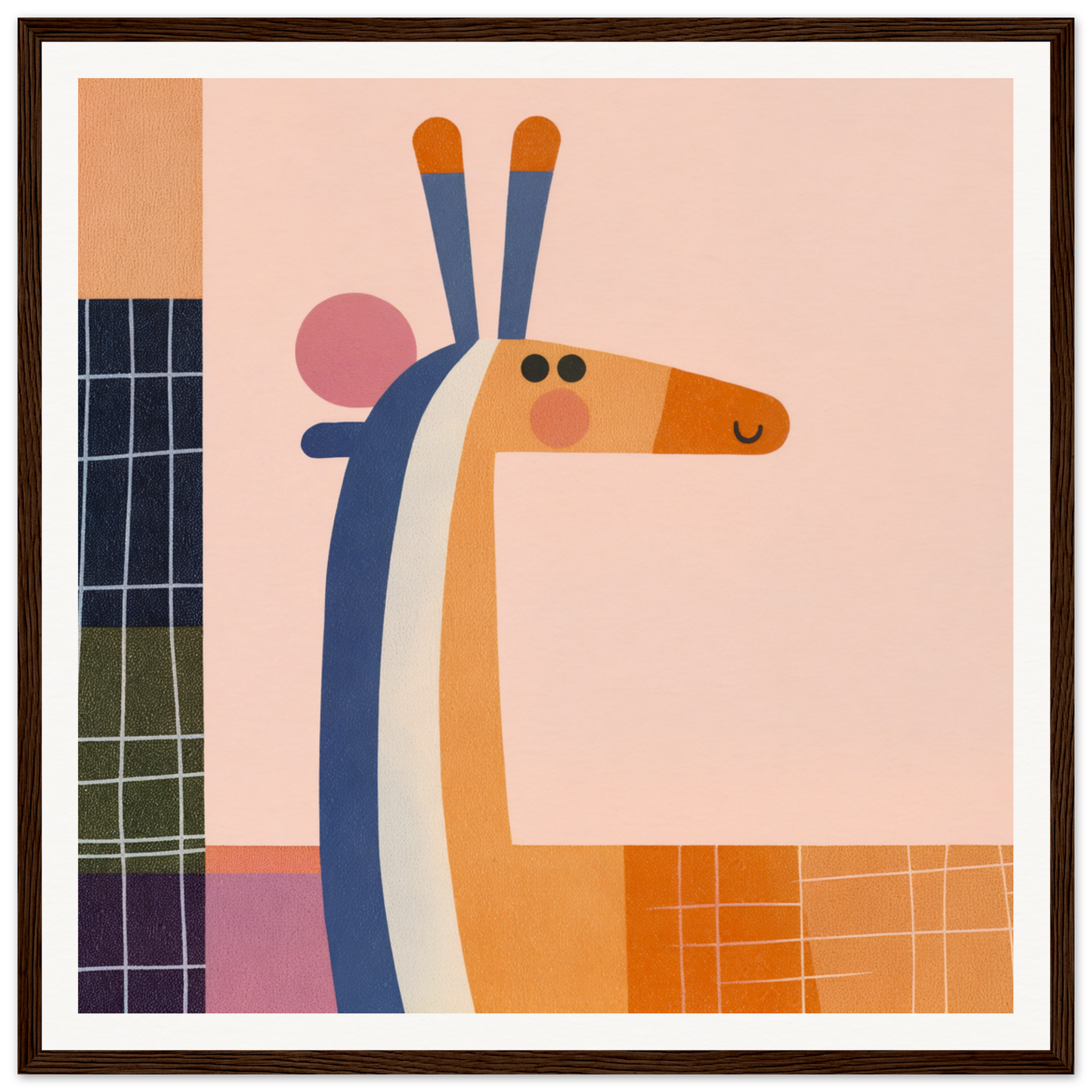 Stylized geometric giraffe in orange, blue, and white for Whimsical Geometry Safaris special edition art
