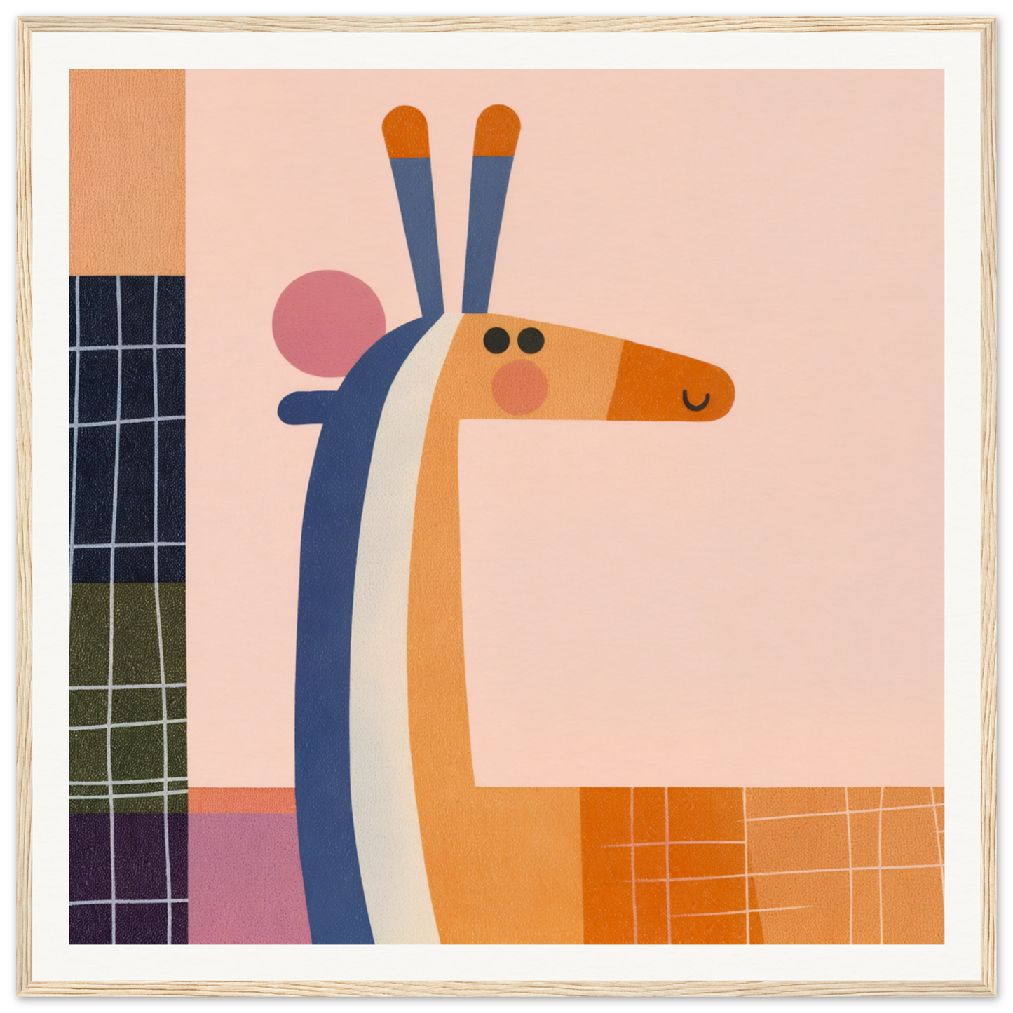 Stylized geometric giraffe in orange, blue, and white for Whimsical Geometry Safaris special edition art™