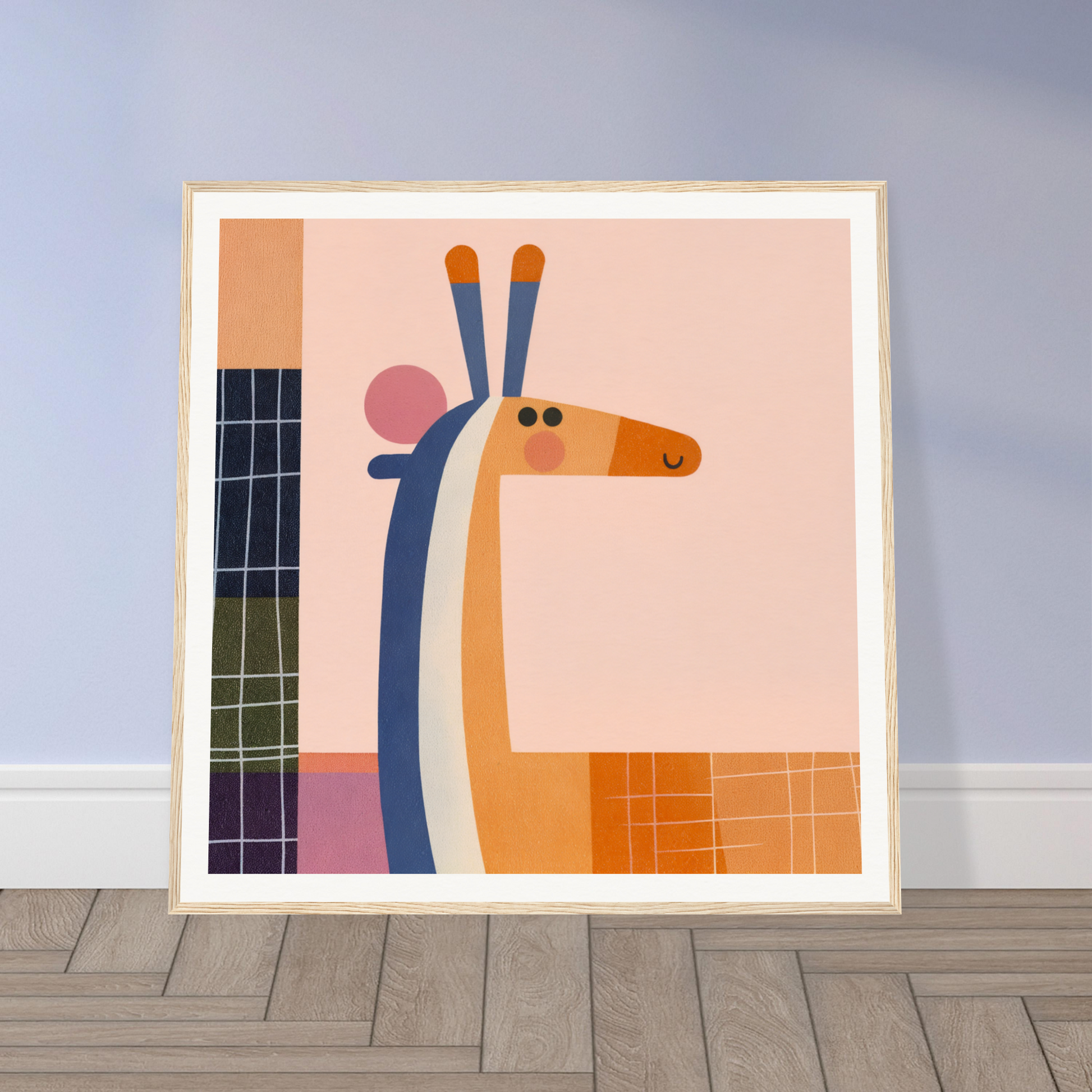 Stylized orange giraffe with blue neck stripes in special edition art™ from Whimsical Geometry Safaris