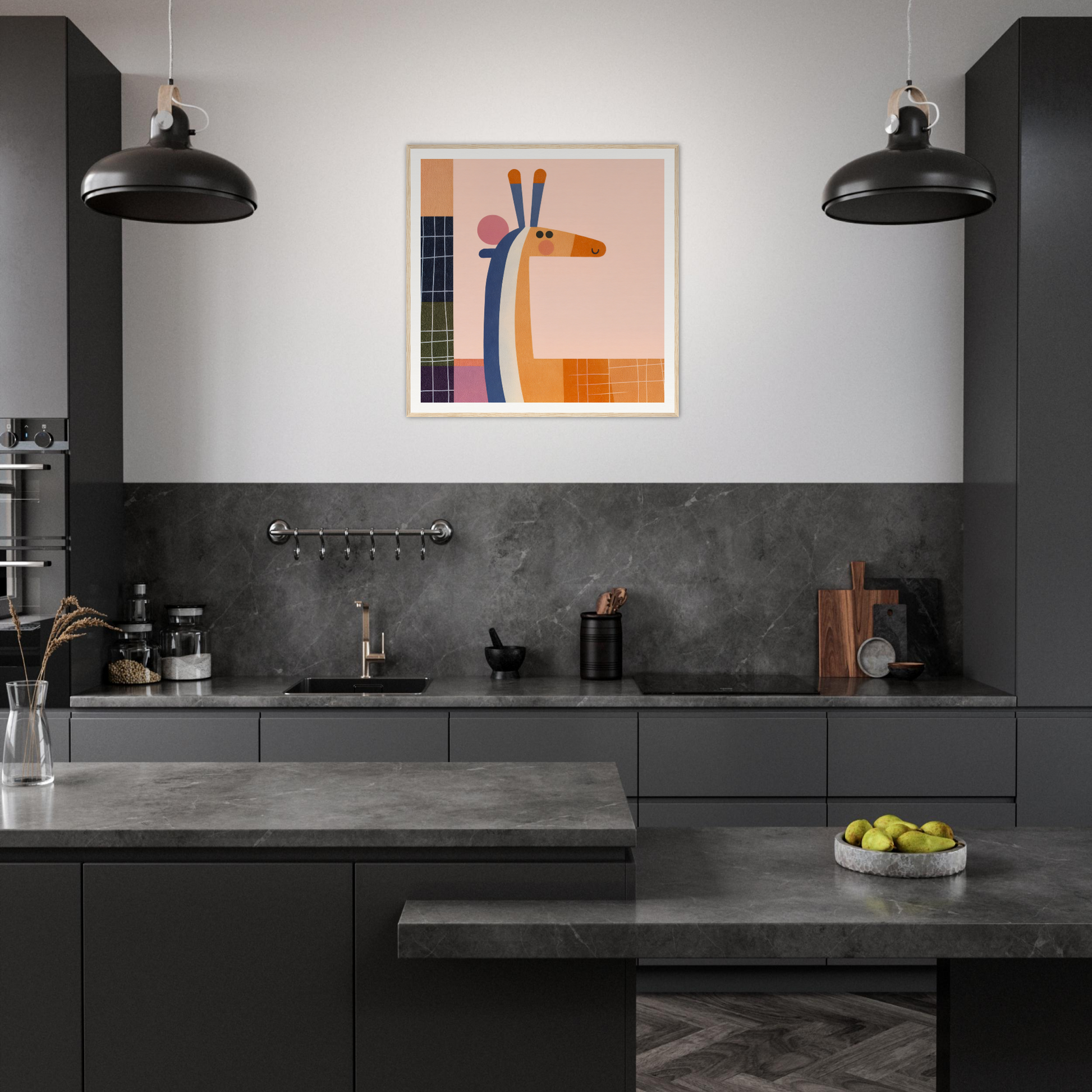 Modern dark gray kitchen featuring industrial pendant lights and Whimsical Geometry Safaris edition art