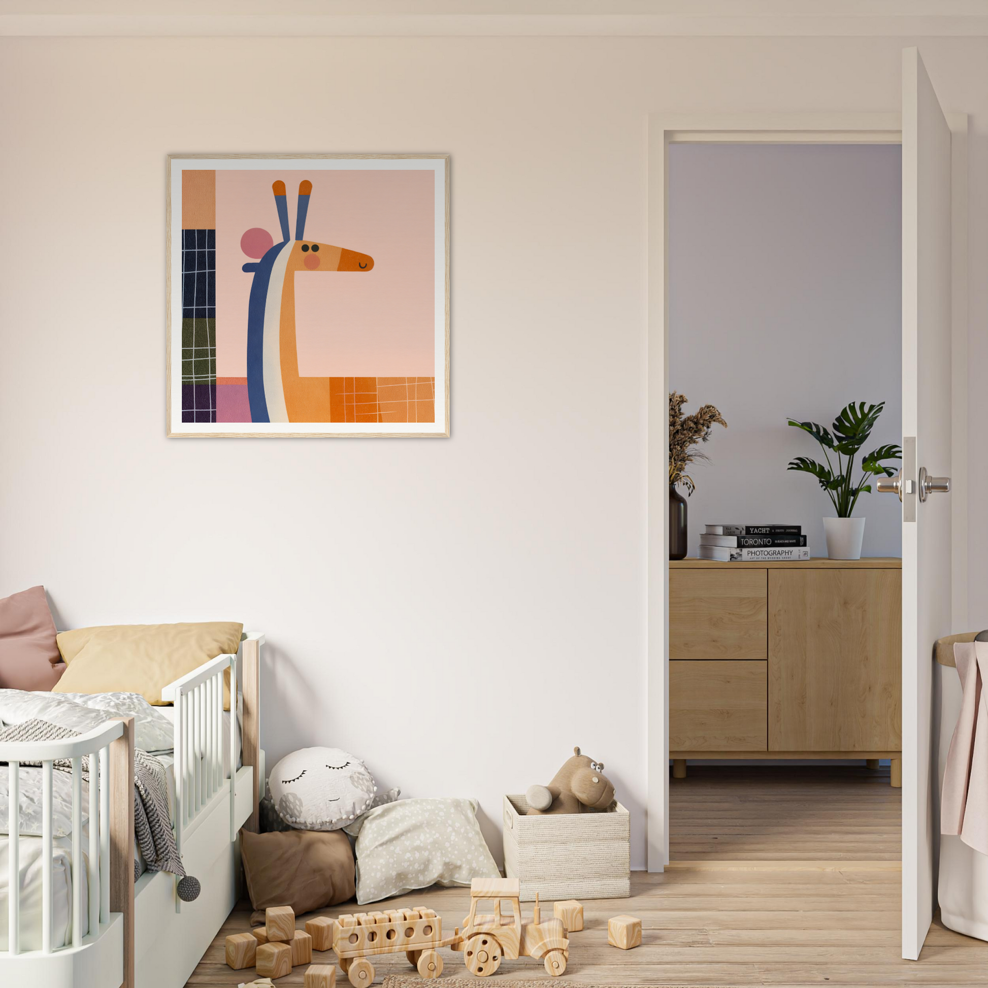 White wooden crib with curved railings from Whimsical Geometry Safaris special edition art™