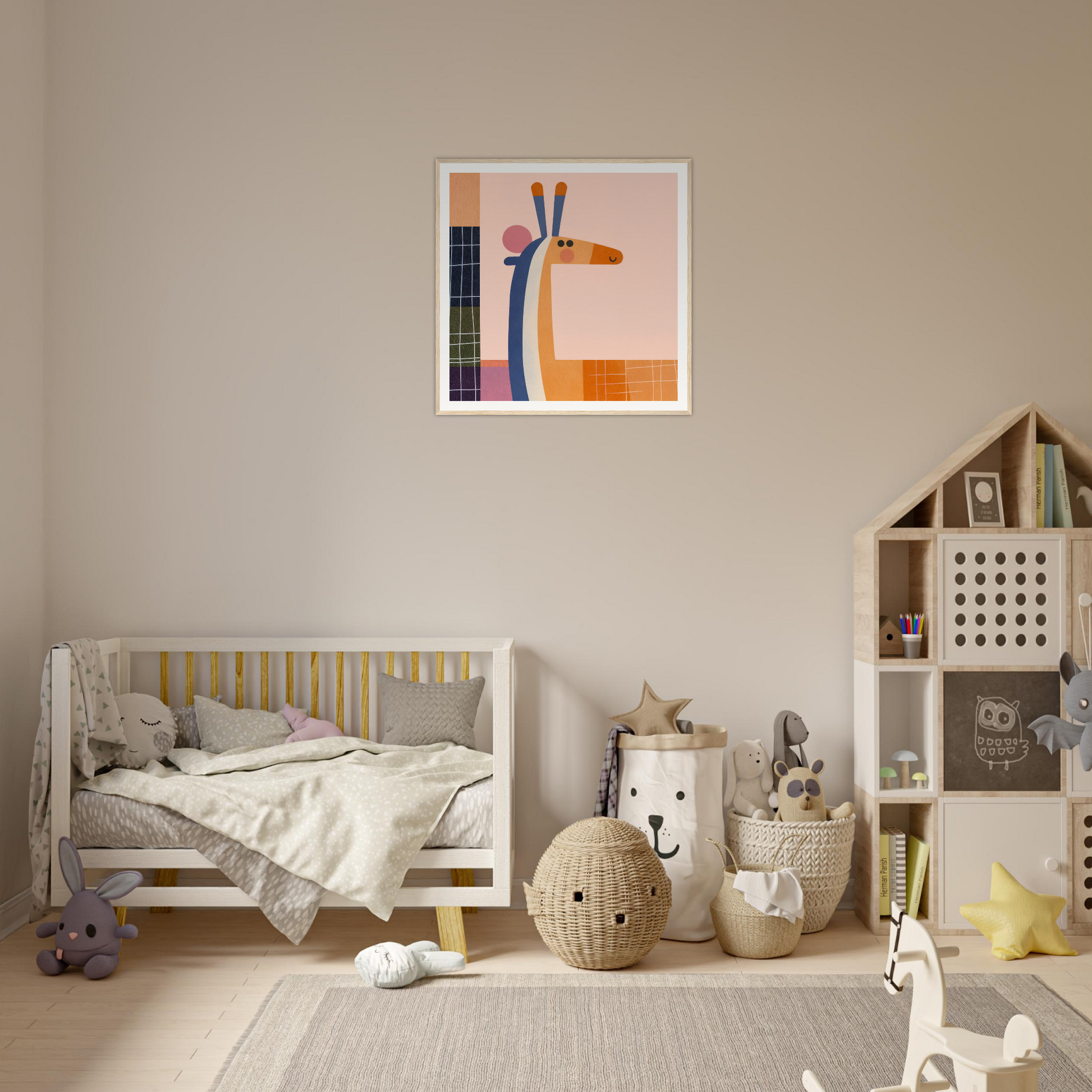 Wooden crib with gray bedding and yellow slats from Whimsical Geometry Safaris special edition art