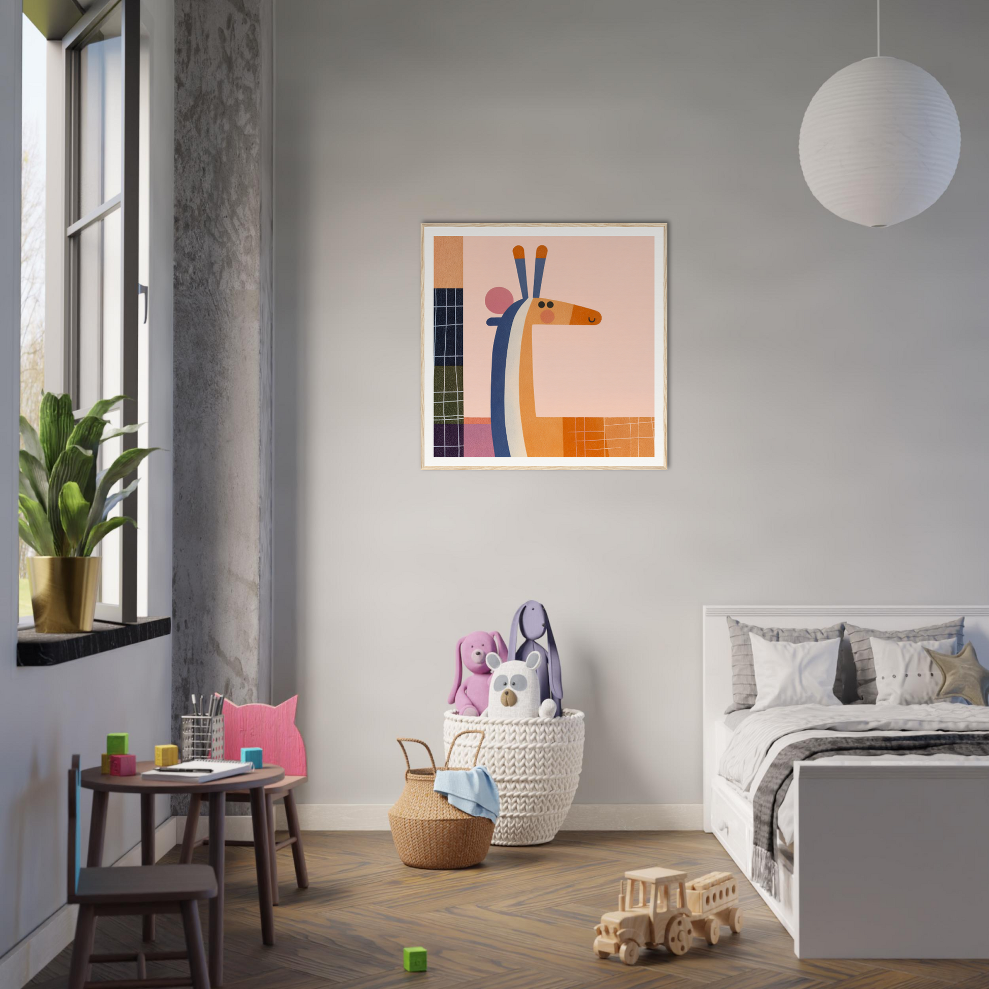Modern bedroom showcasing Whimsical Geometry Safaris special edition art in soft gray tones