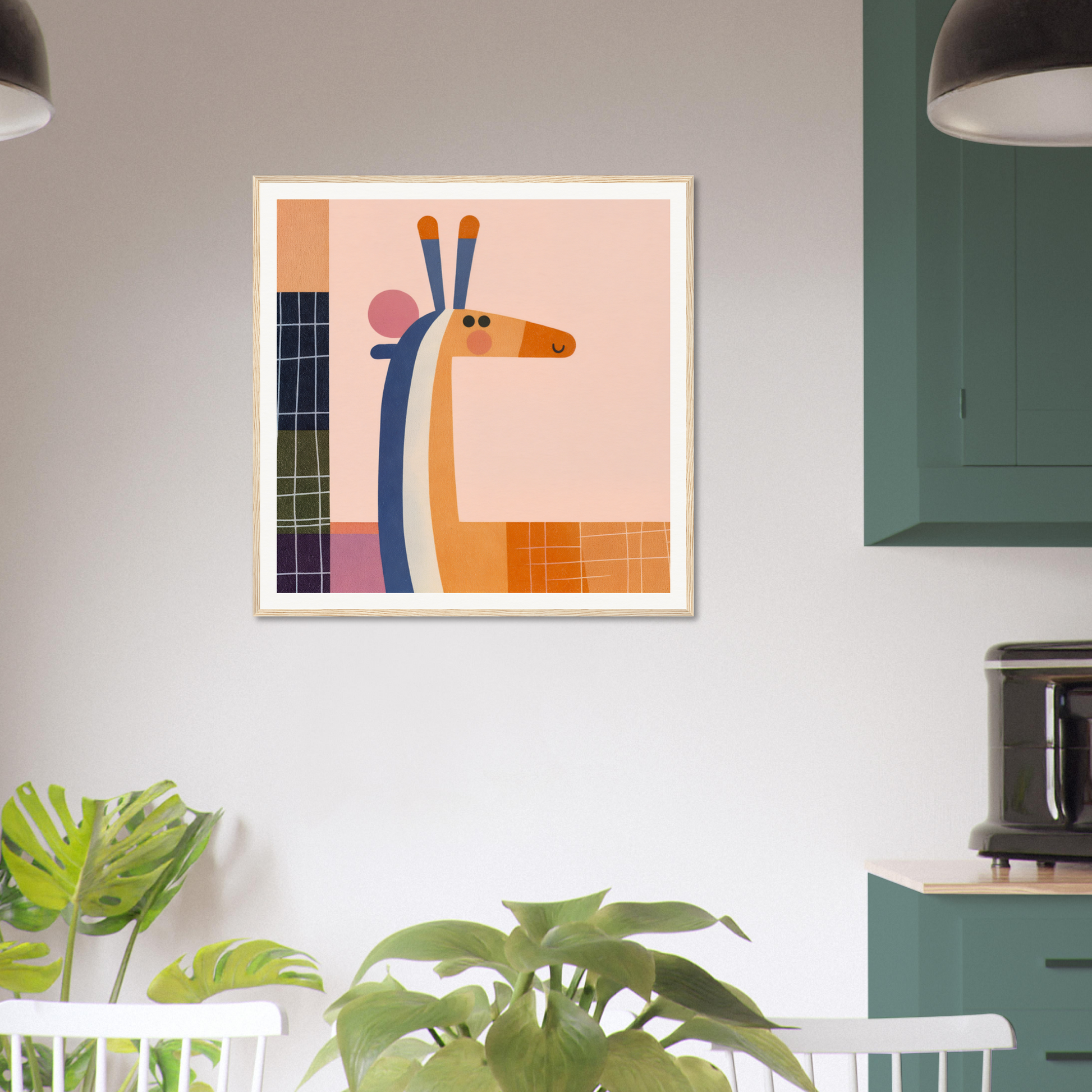Colorful giraffe abstract art print in a frame from Whimsical Geometry Safaris special edition art™