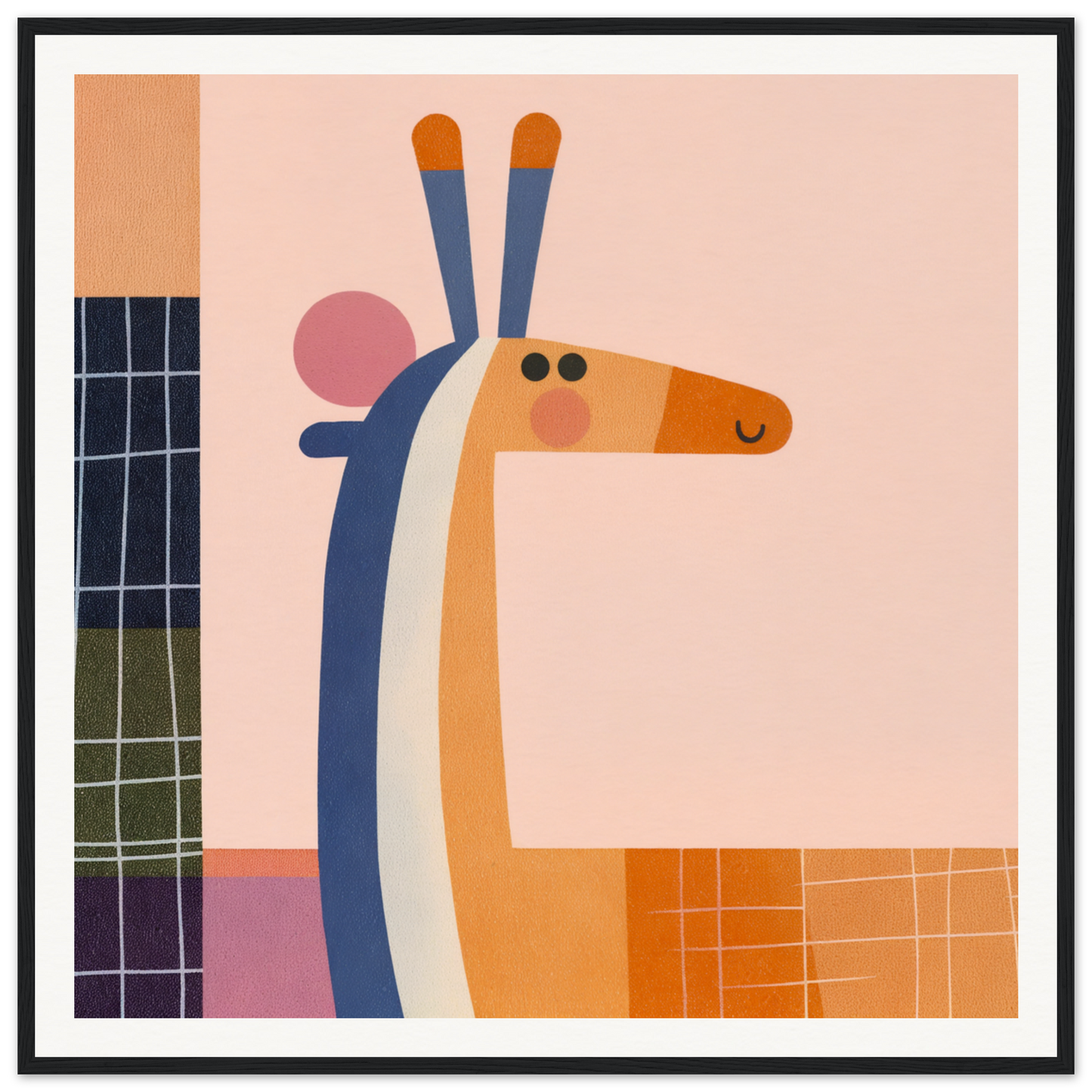 Stylized geometric giraffe in orange, blue, and white from Whimsical Geometry Safaris special edition art™