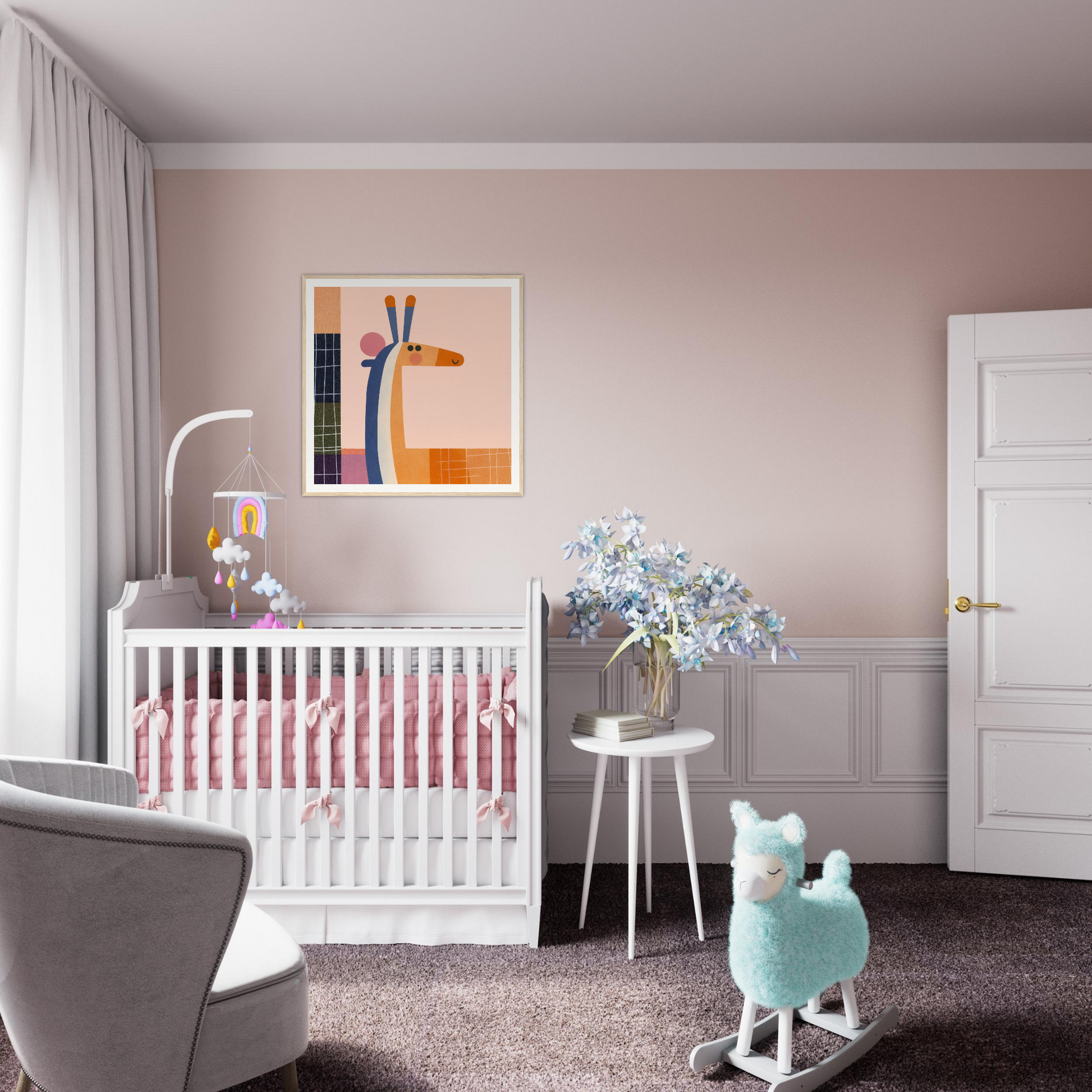 White wooden crib with pink bedding in Whimsical Geometry Safaris special edition art