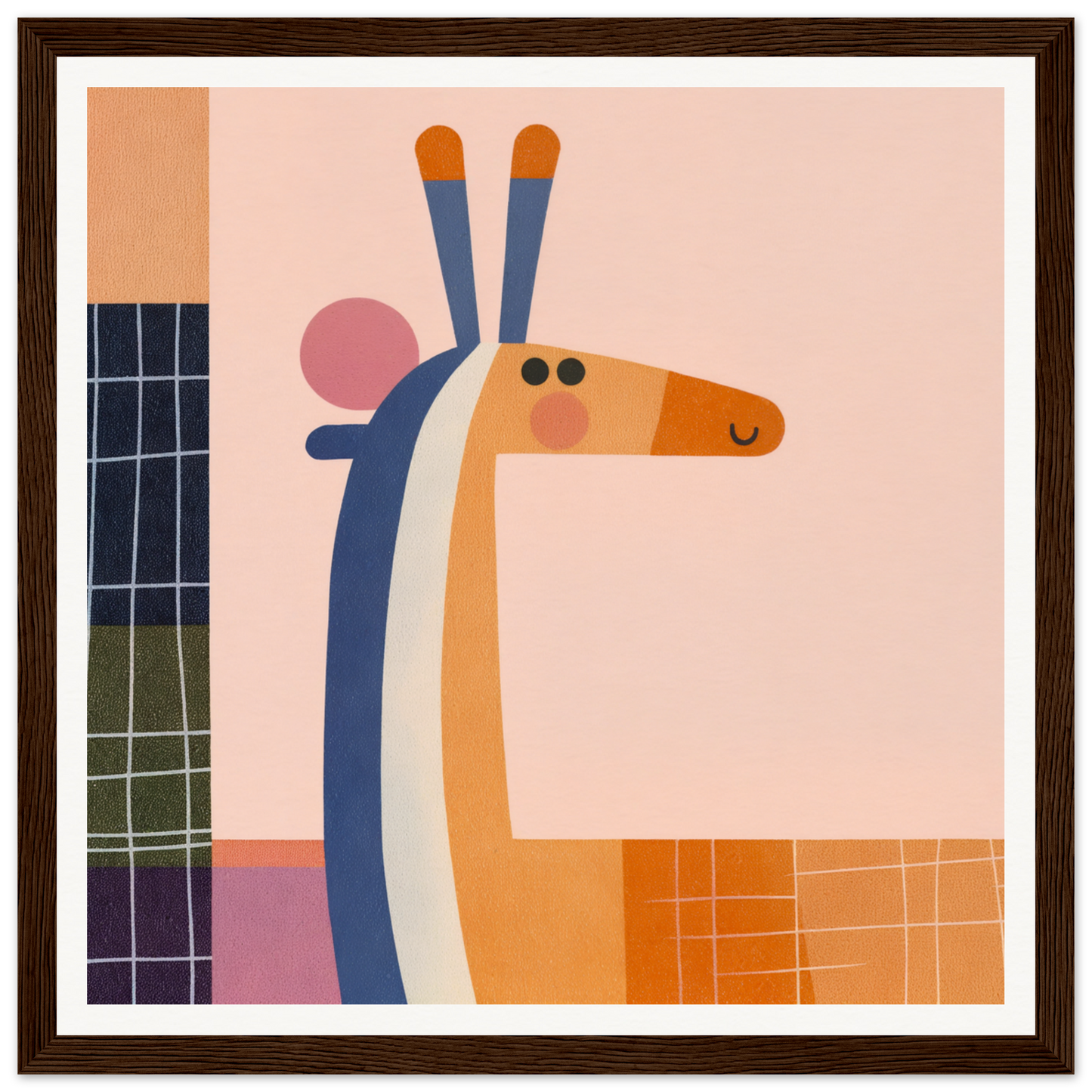 Stylized orange giraffe with a blue neck featured in Special Edition Art from Whimsical Geometry Safaris