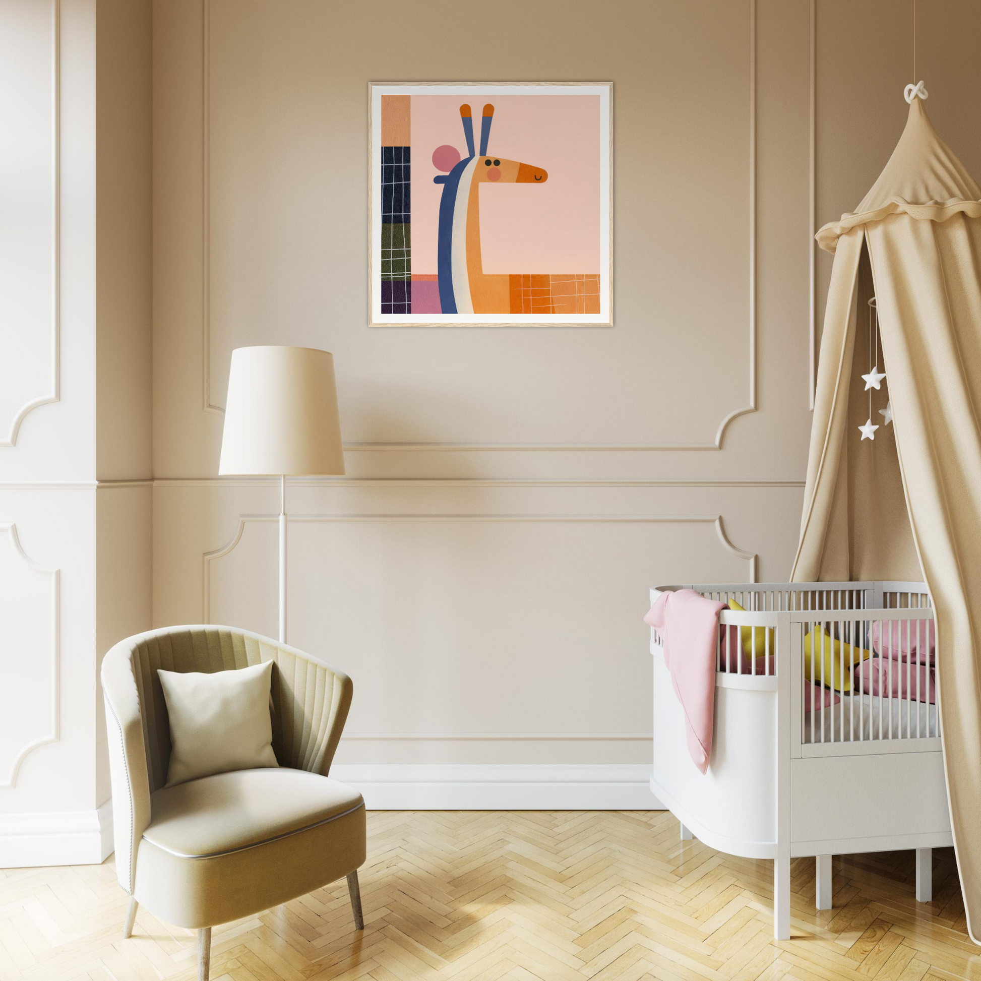 Modern nursery with white crib and canopy, showcasing Whimsical Geometry Safaris special edition art