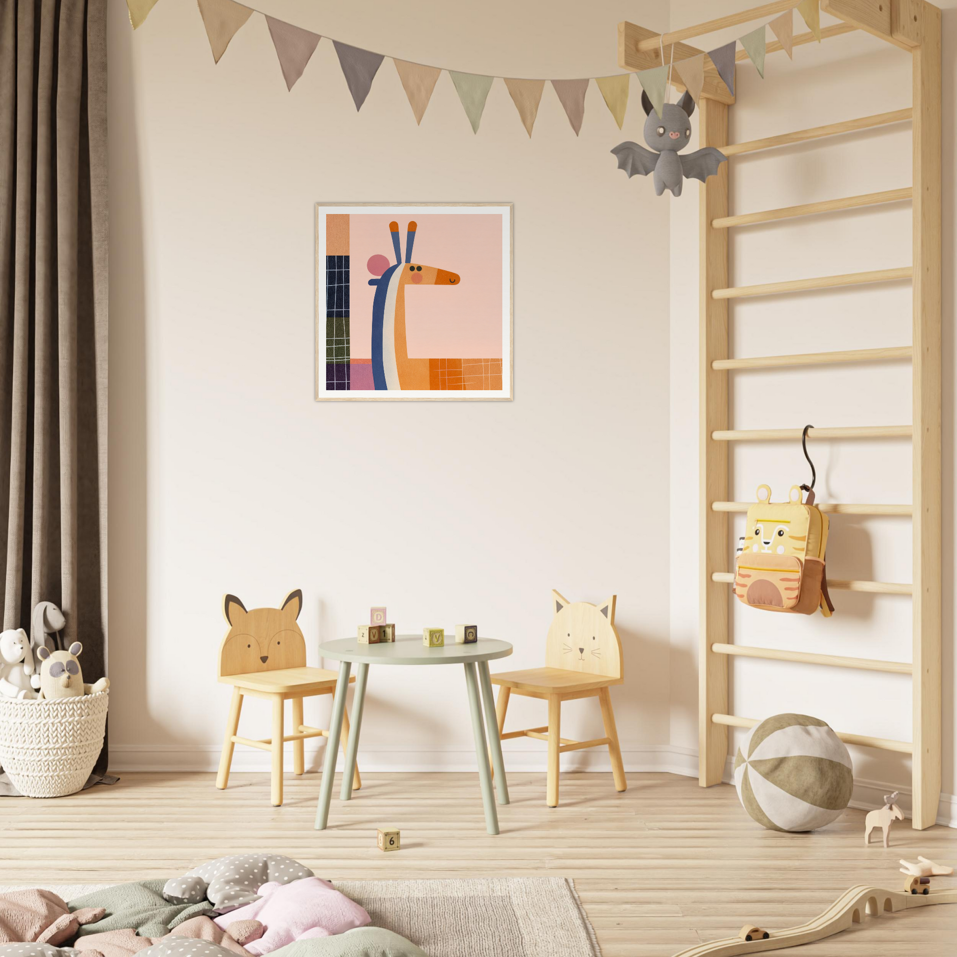 Children’s play area featuring animal-themed chairs and mint green table from Whimsical Geometry Safaris special edition art