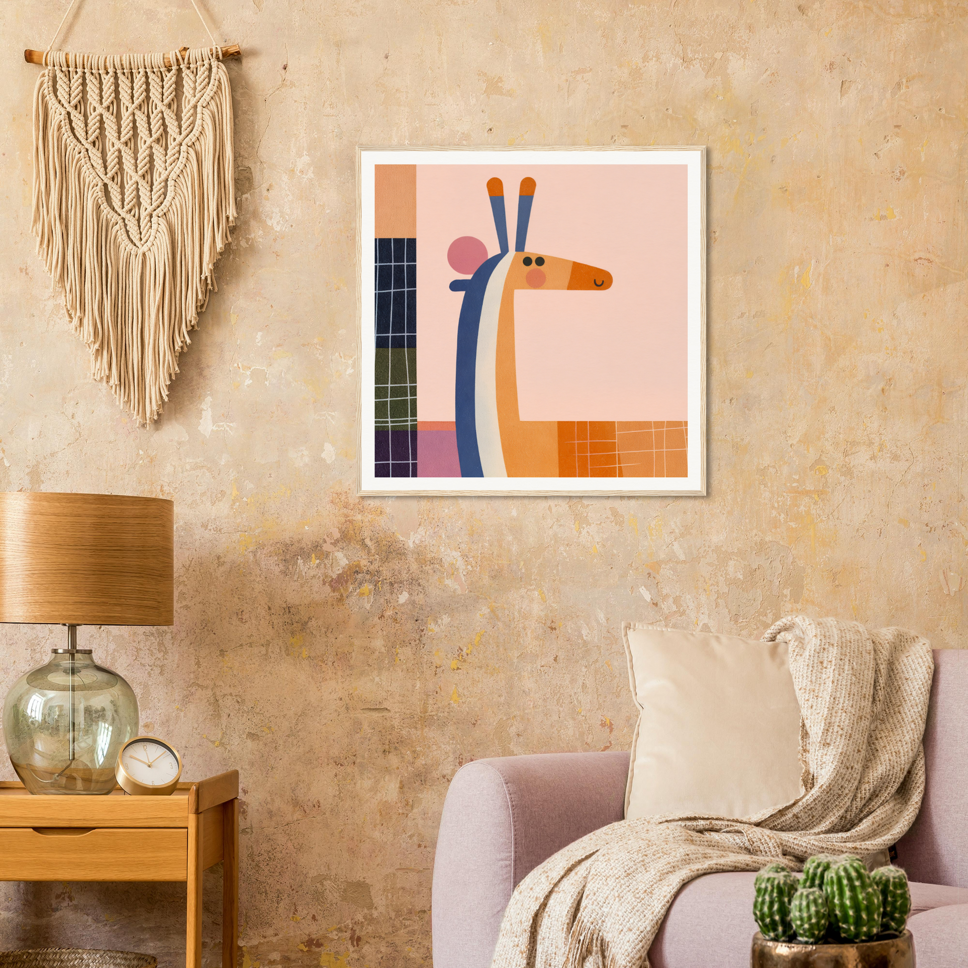 Whimsical Geometry Safaris special edition art of a geometric giraffe on pink background
