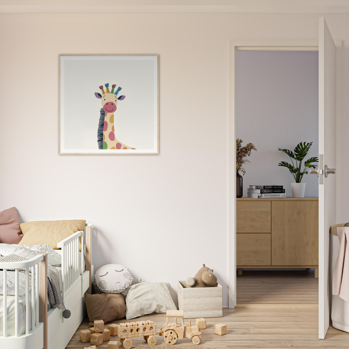 Colorful whimsical giraffe artwork in a simple frame from Whimsical Giraffe Dreams