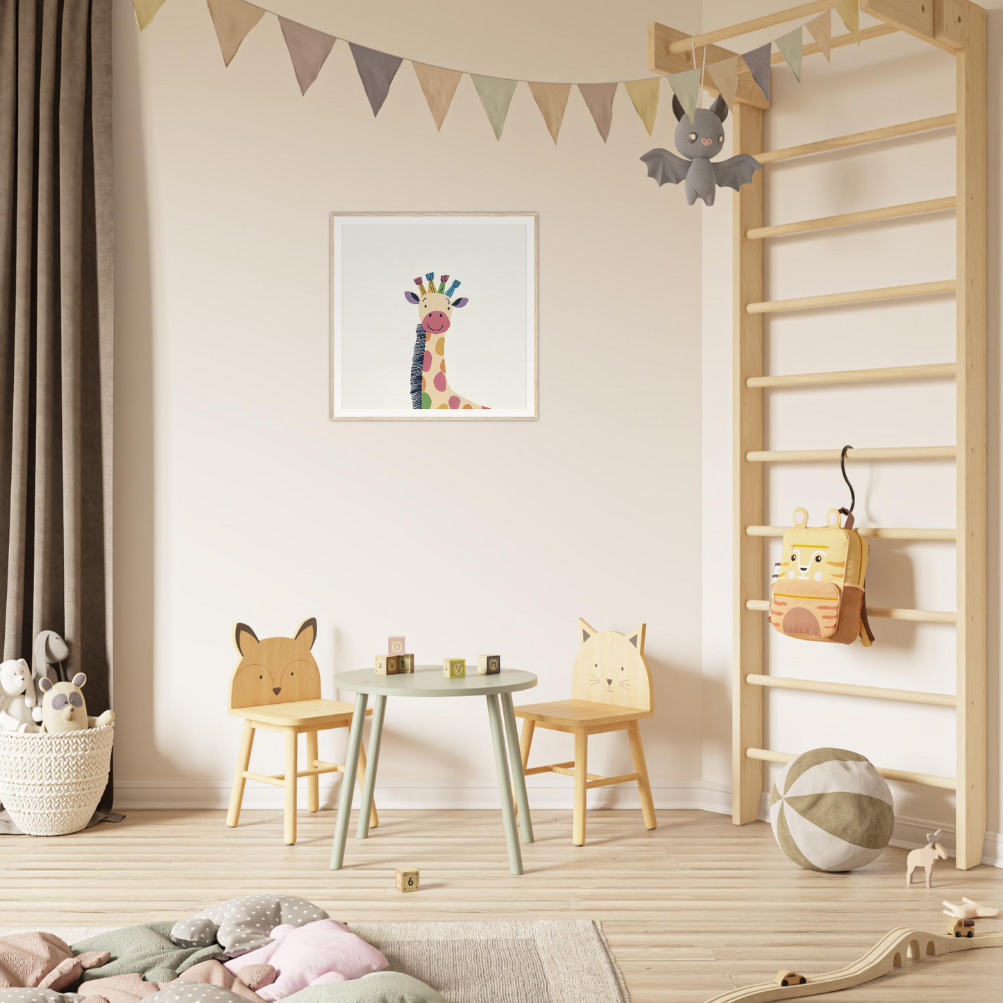 Children’s play area featuring a mint green table and wooden chairs from Whimsical Giraffe Dreams