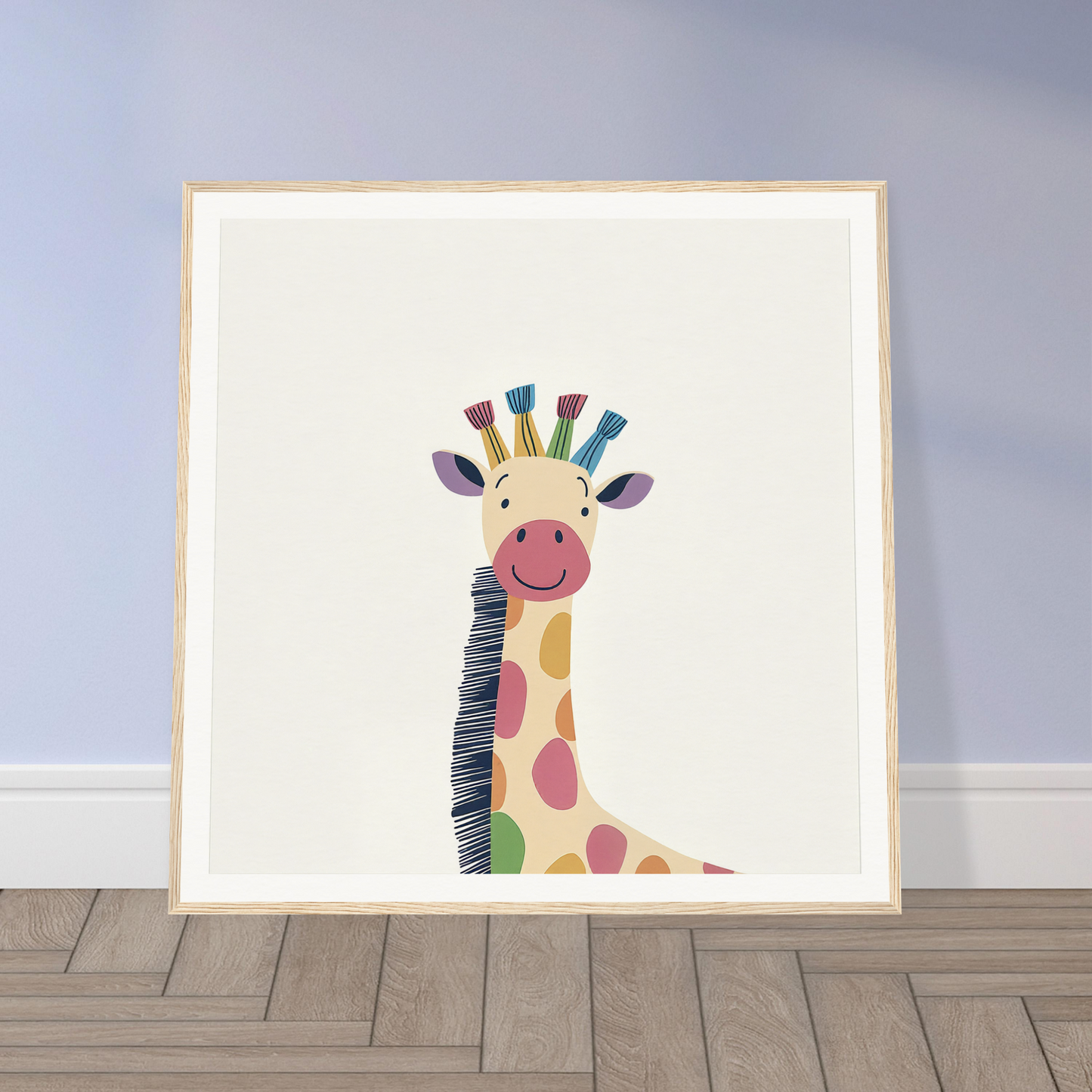 Cartoon giraffe with colorful horns and pink spots for Whimsical Giraffe Dreams