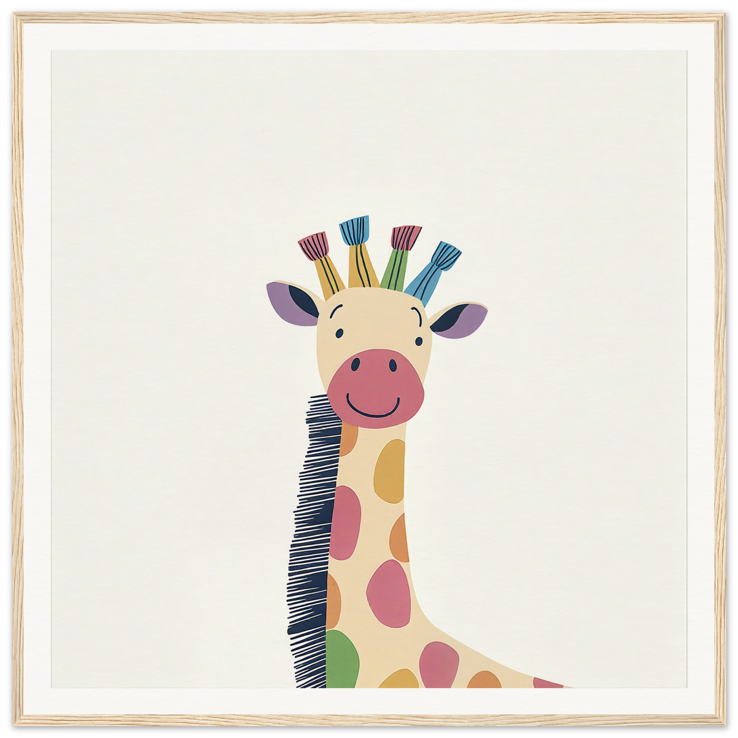 Smiling cartoon giraffe with colorful hair tufts in Whimsical Giraffe Dreams design