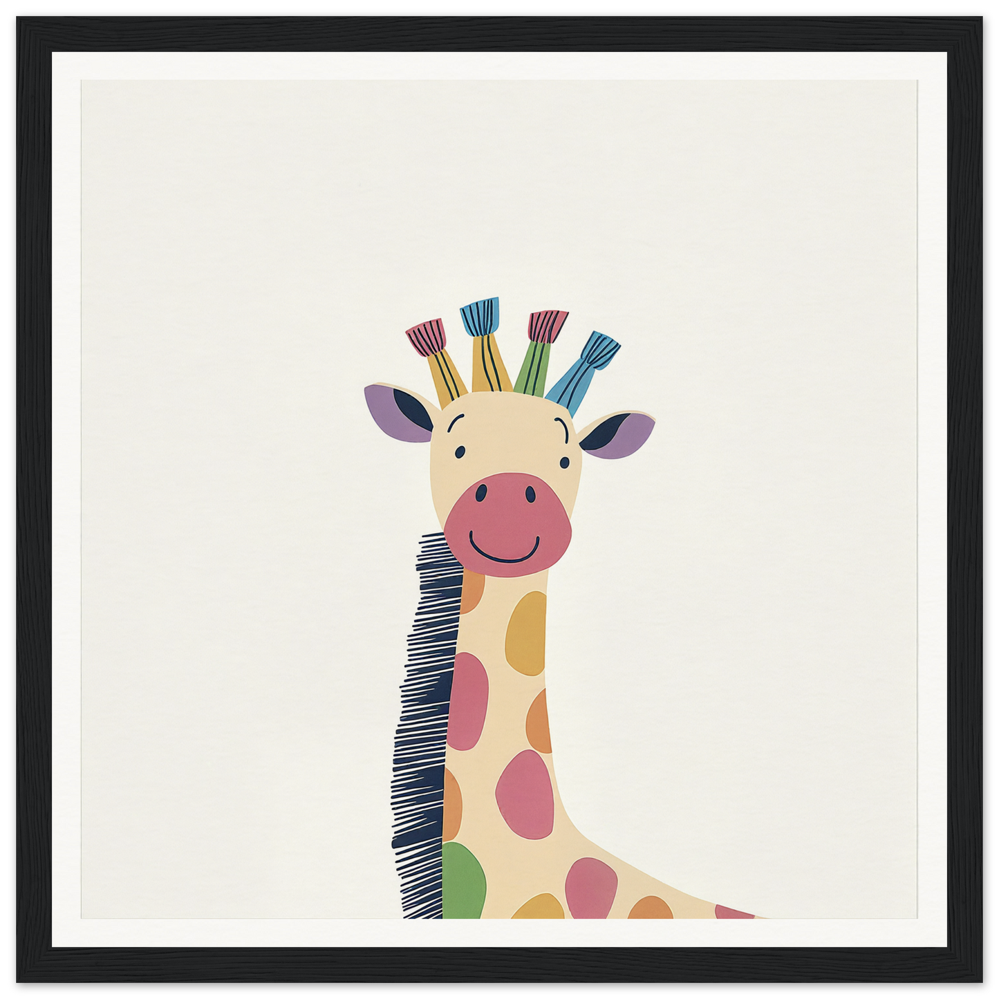 Smiling cartoon giraffe with colorful spots showcasing Whimsical Giraffe Dreams design
