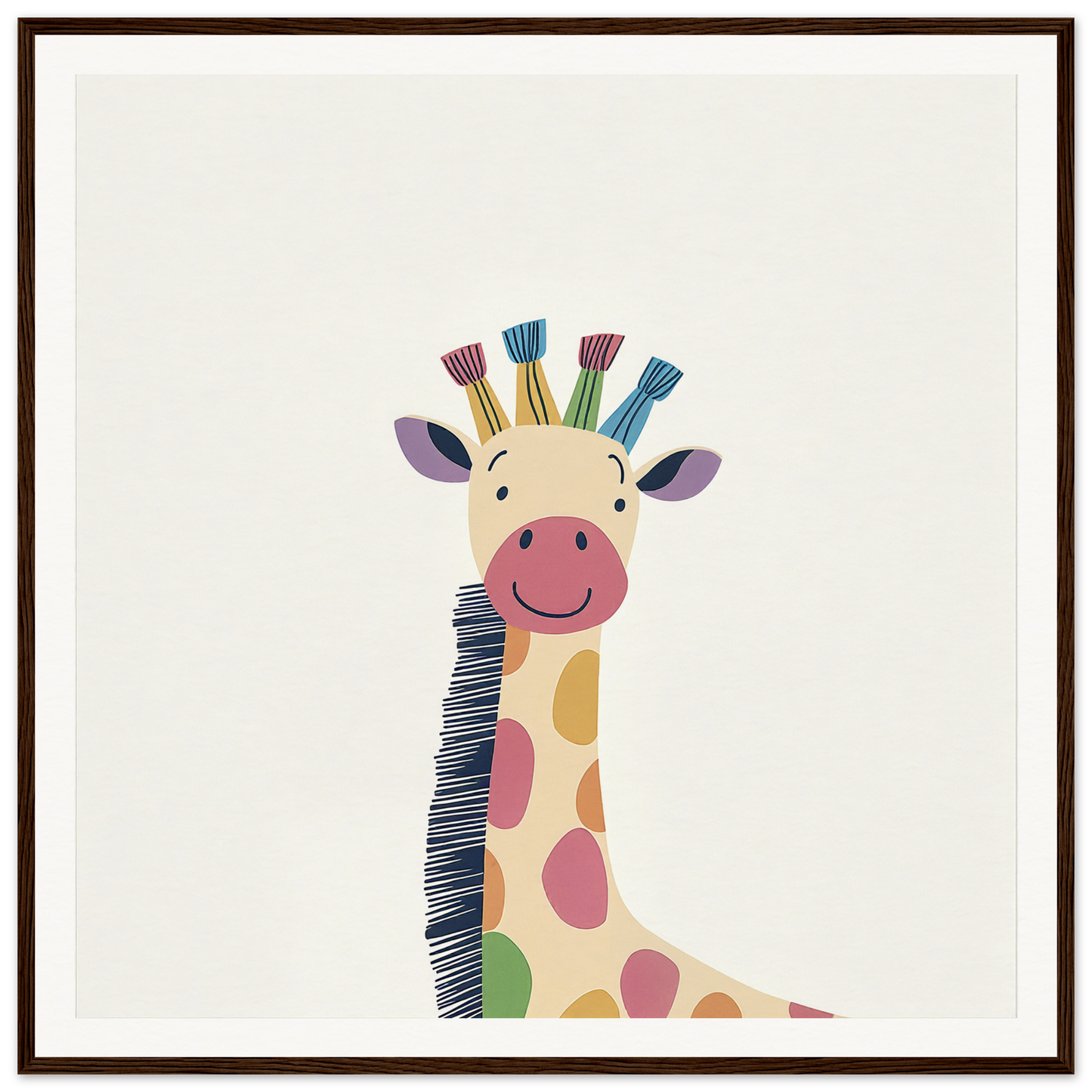 Smiling cartoon giraffe with colorful spots and spiky hair in Whimsical Giraffe Dreams