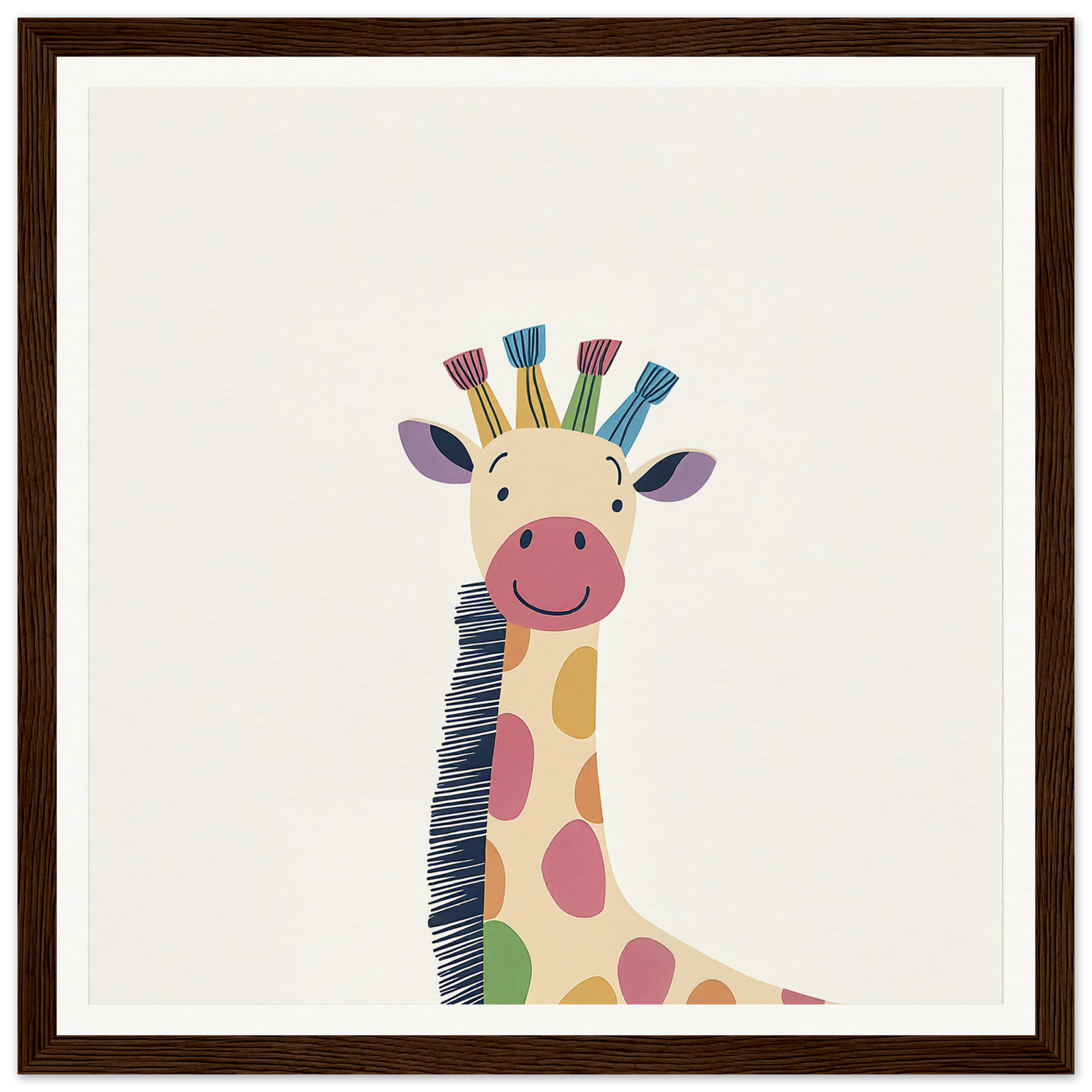 Smiling cartoon giraffe with colorful spots in Whimsical Giraffe Dreams design
