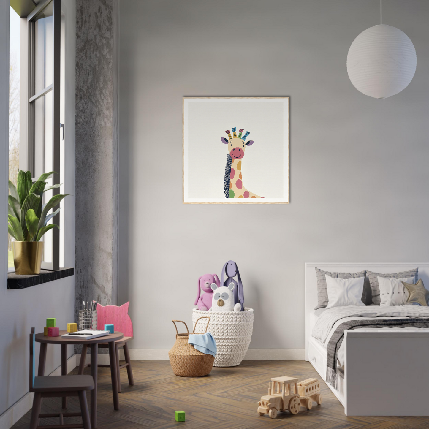 Modern bedroom showcasing Whimsical Giraffe Dreams with minimalist decor and colorful giraffe print