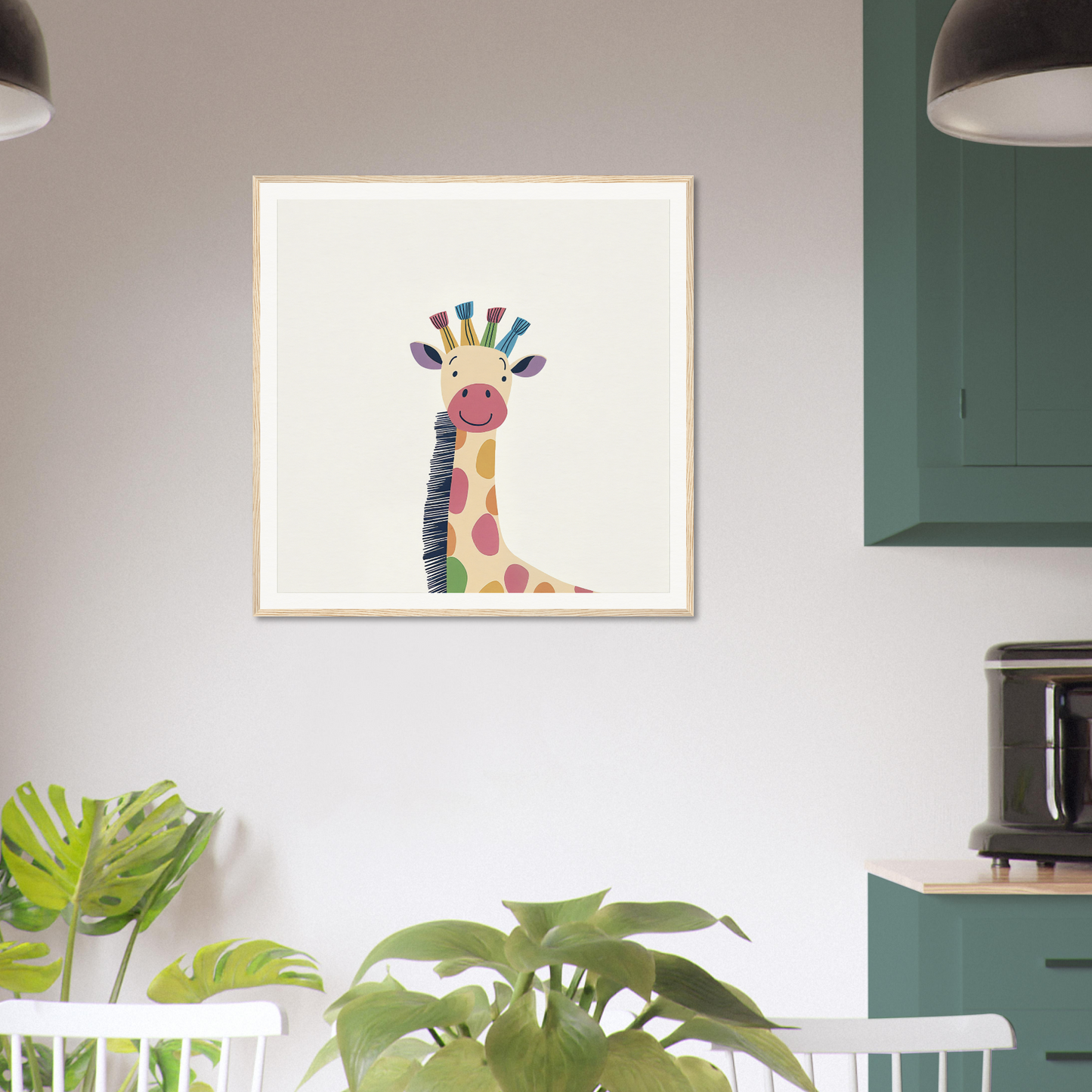 Colorful cartoon giraffe artwork in frame from Whimsical Giraffe Dreams collection
