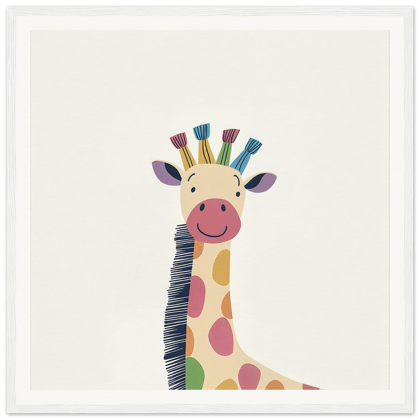 Smiling whimsical giraffe with colorful spots and paintbrush-like hair in Giraffe Dreams