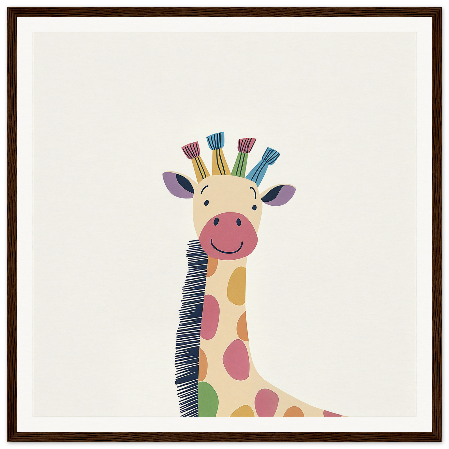 Whimsical cartoon giraffe with colorful spots in Whimsical Giraffe Dreams product
