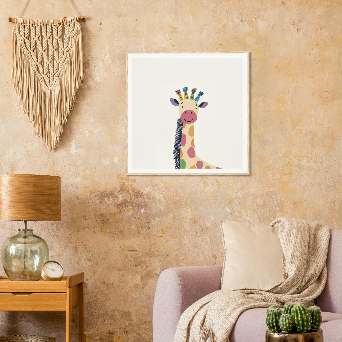 Colorful watercolor giraffe painting featuring whimsical giraffe dreams and a rainbow mohawk