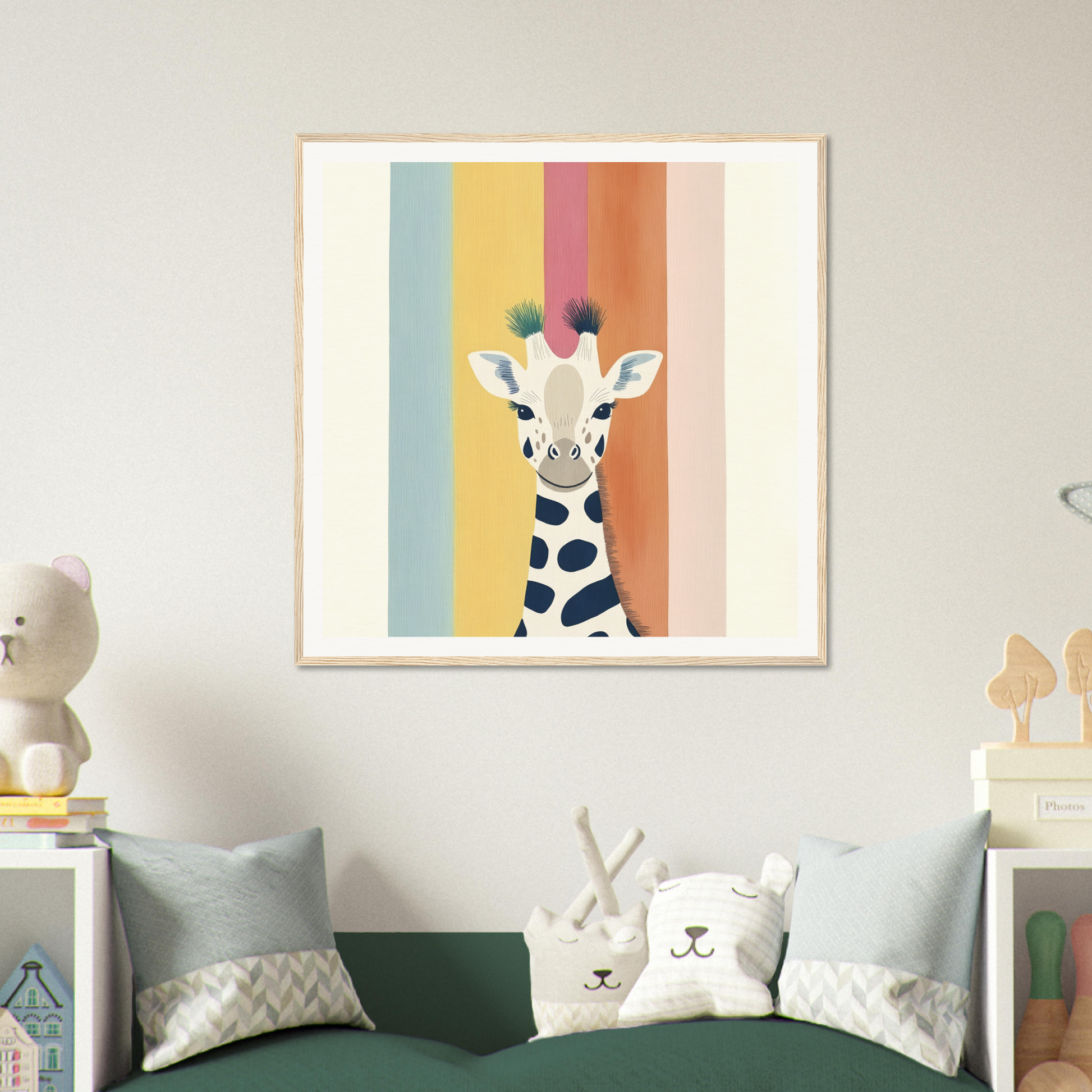 Framed whimsical giraffe head artwork with colorful stripes, special edition art™