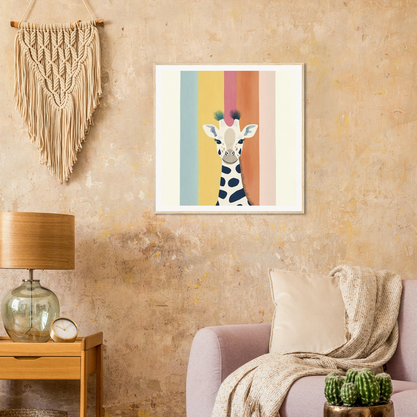 Colorful wall art of a whimsical giraffe’s head against vibrant rainbow stripes