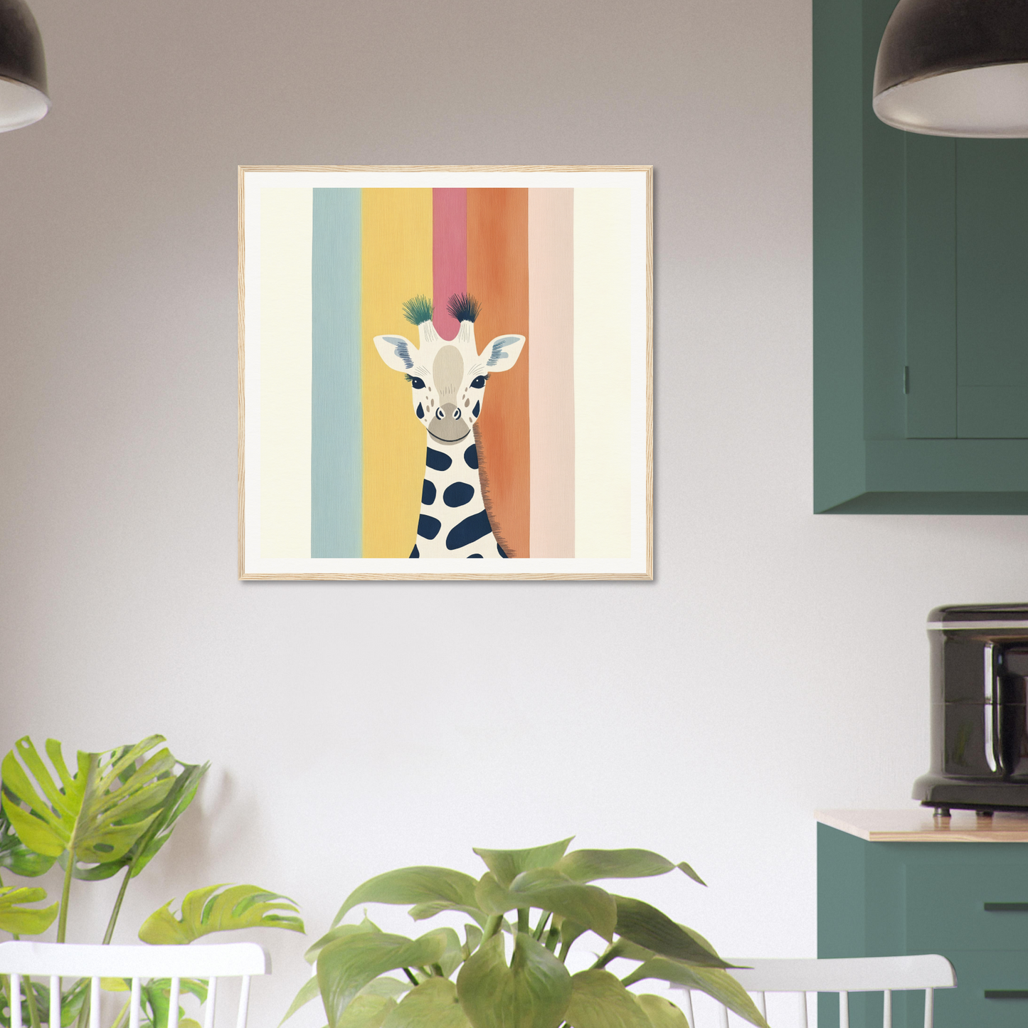 Colorful special edition art of a whimsical giraffe against rainbow stripes