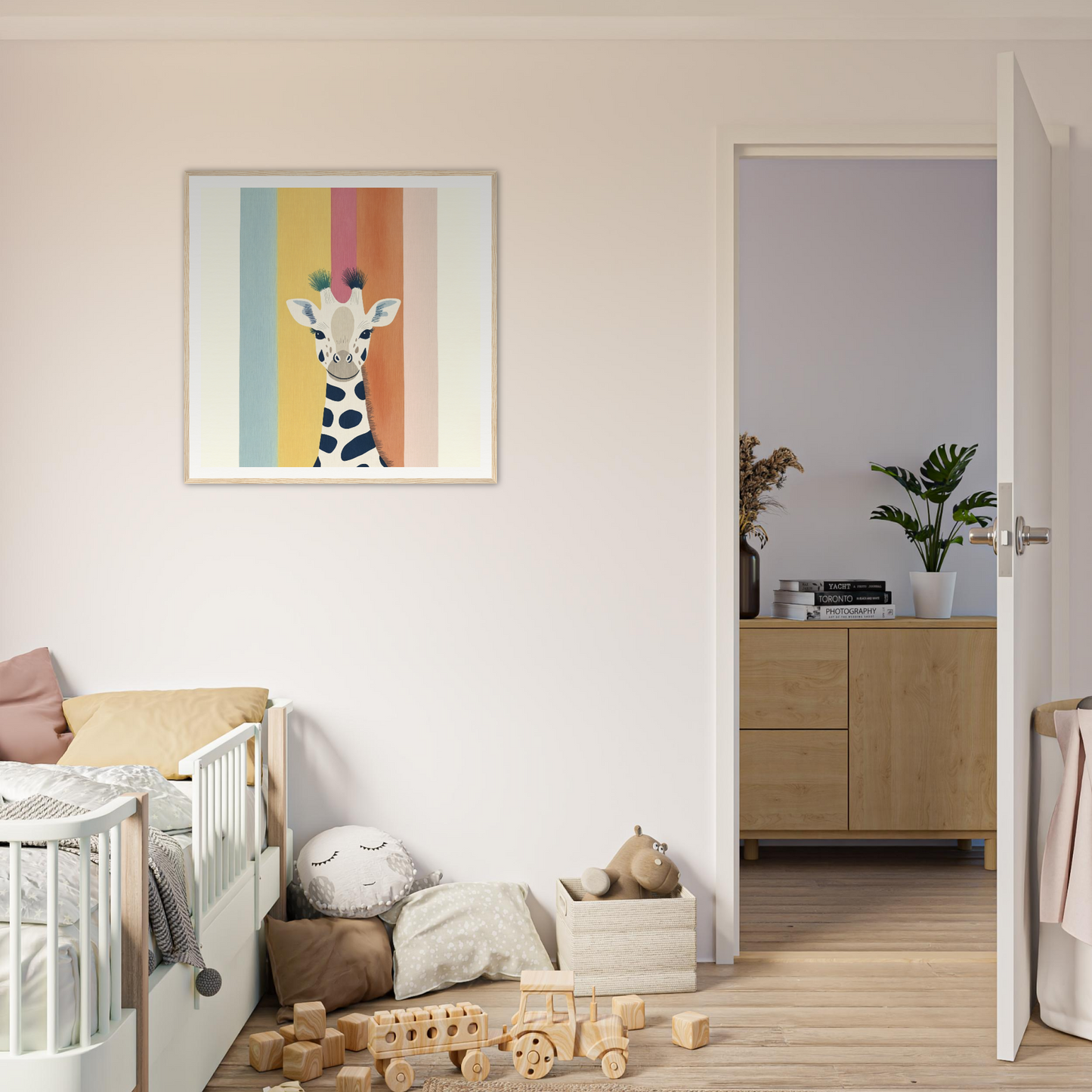 Colorful framed print of a whimsical giraffe against vibrant rainbow stripes in special edition art
