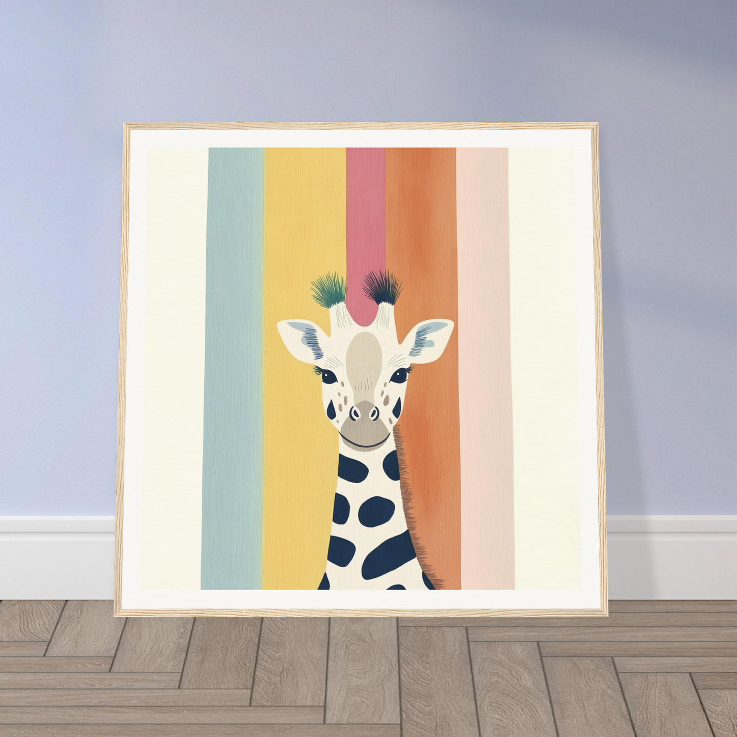 Colorful whimsical giraffe with pom-poms on rainbow stripes for special edition art™