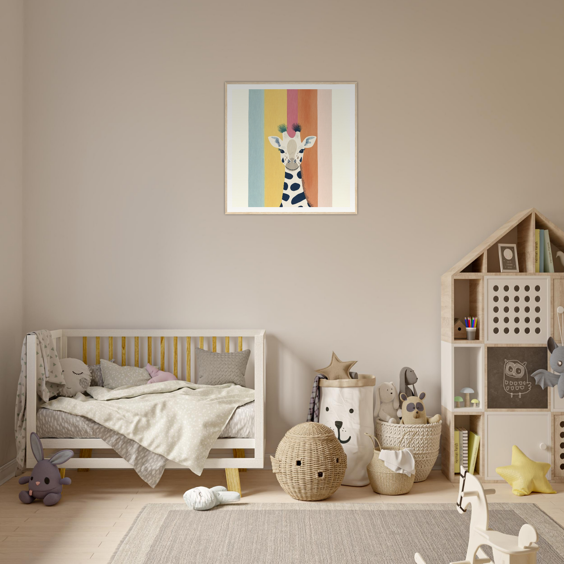 Wooden crib with gray bedding and yellow accents in Whimsical Giraffe Stands special edition