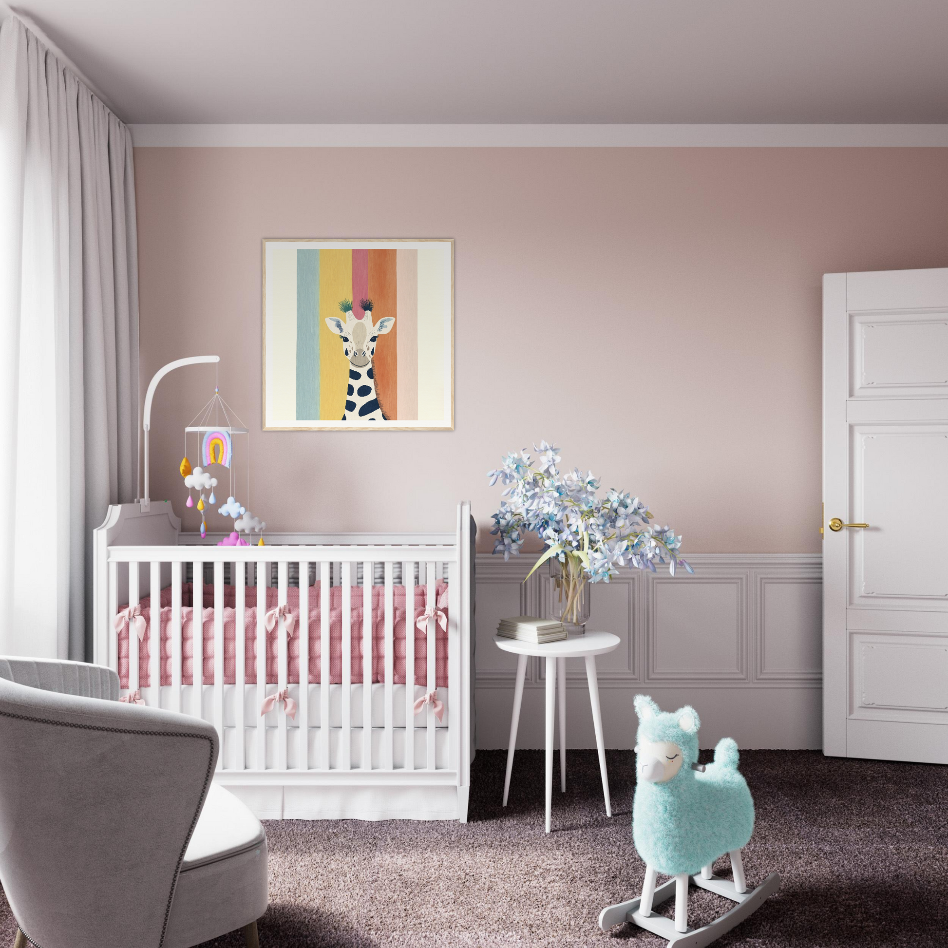 White wooden crib with pink bedding featuring Whimsical Giraffe Special Edition Art