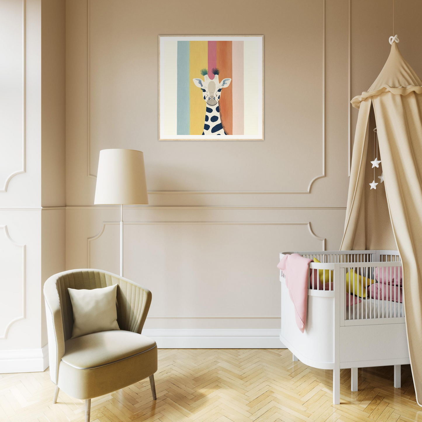 Modern nursery featuring Whimsical Giraffe art, beige armchair, and white crib
