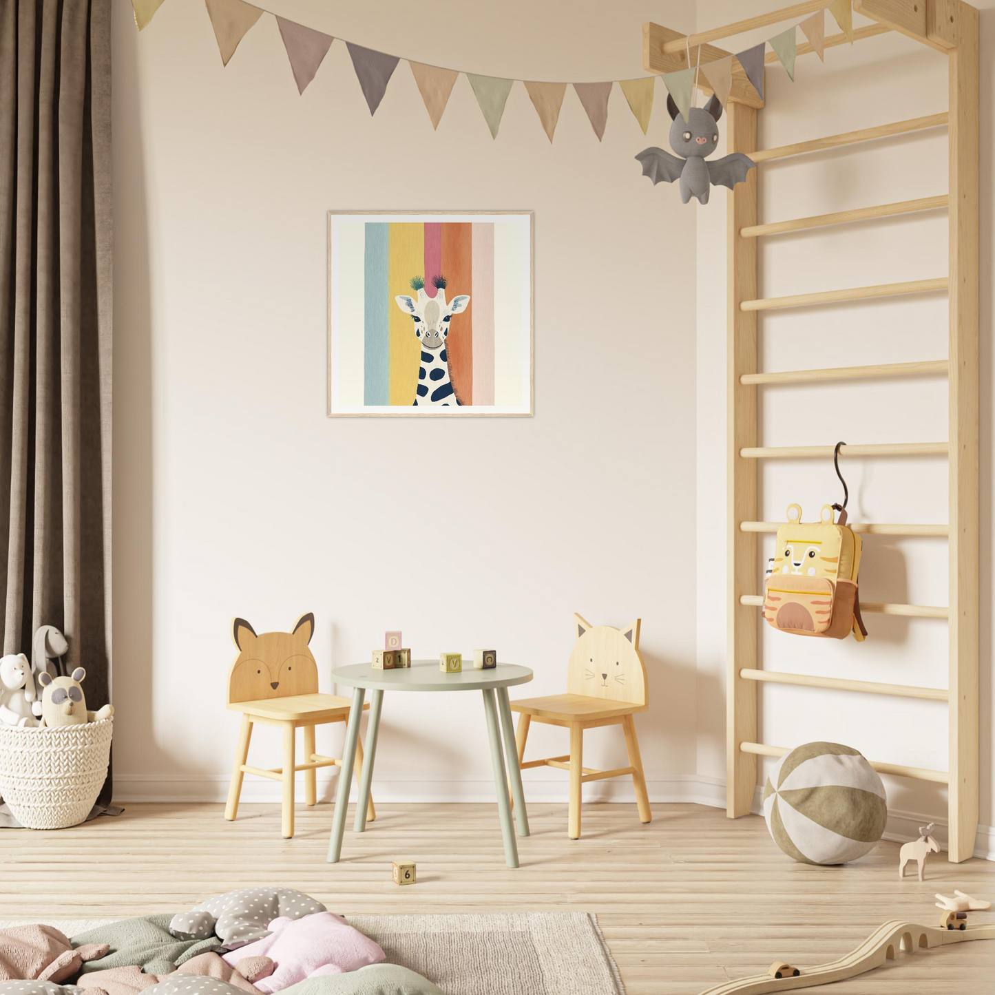 Children’s play area featuring whimsical giraffe chairs and a small round table