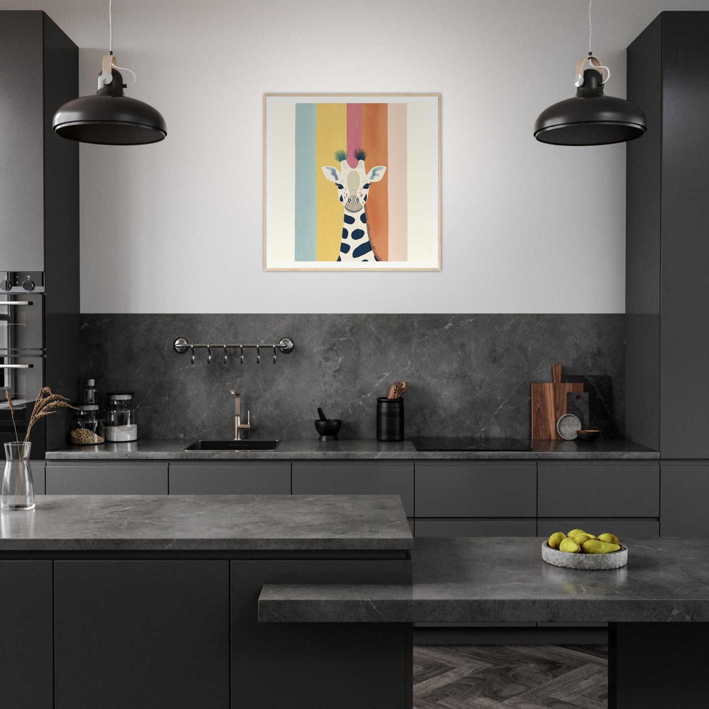 Modern dark gray kitchen featuring Whimsical Giraffe artwork from Special Edition Art™