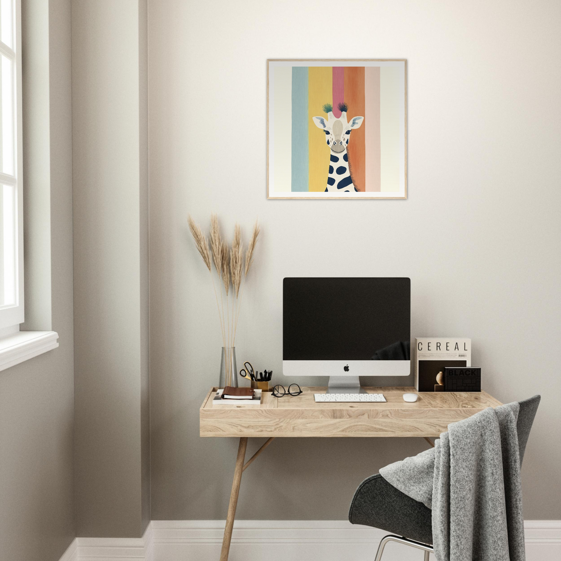 Minimalist wooden desk featuring an iMac and Whimsical Giraffe Special Edition Art™