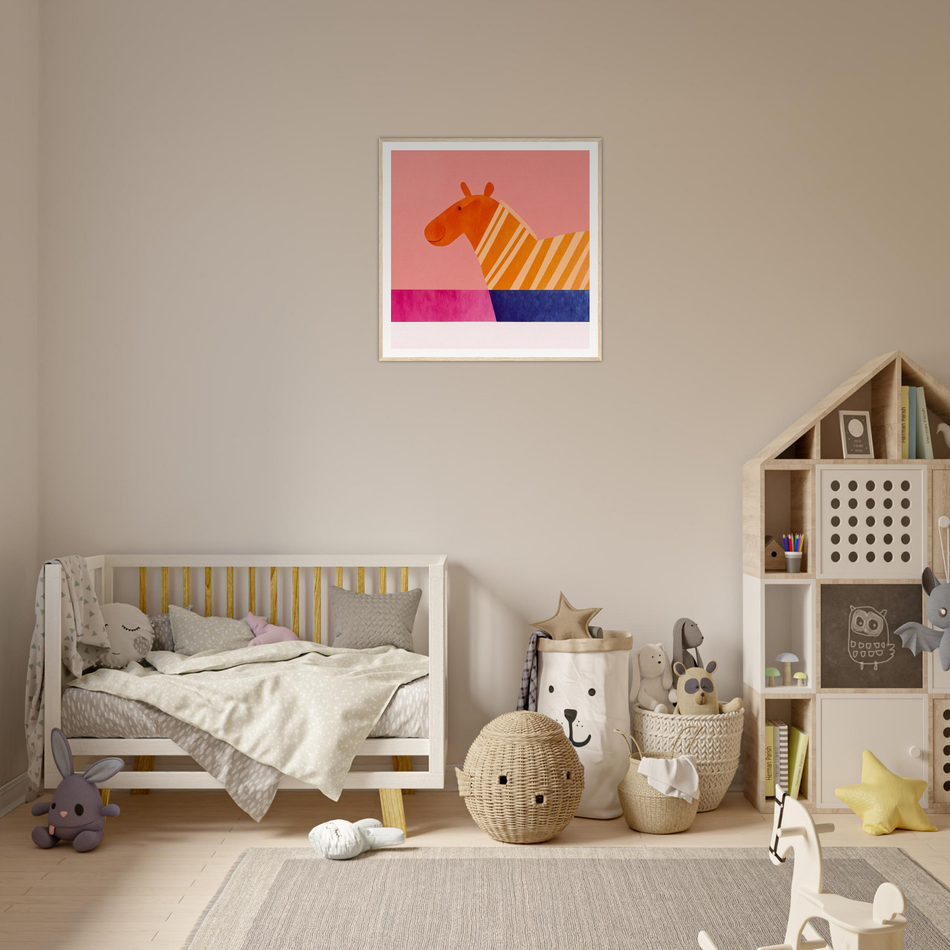 Wooden toddler bed with gray bedding and yellow slats from Whimsical Lotus Dreaming special edition