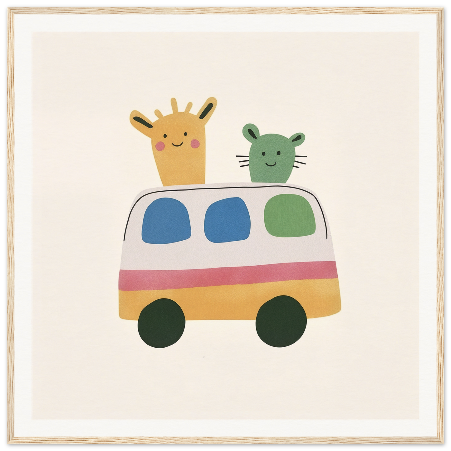 Colorful cartoon van with a giraffe and cat peeking in Whimsical Prairies Journey design