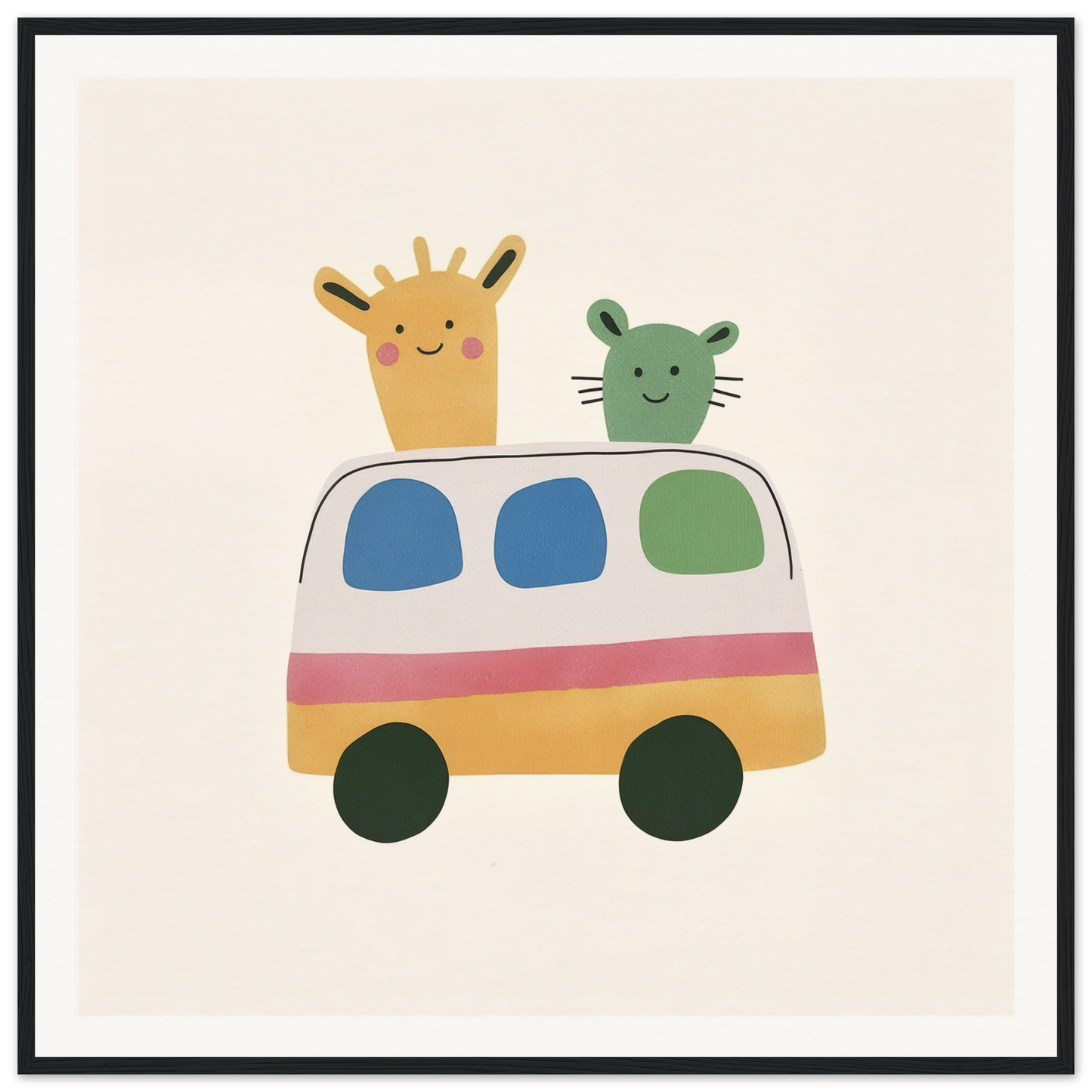 Cute cartoon van with a giraffe and mouse peeking out for Whimsical Prairies Journey
