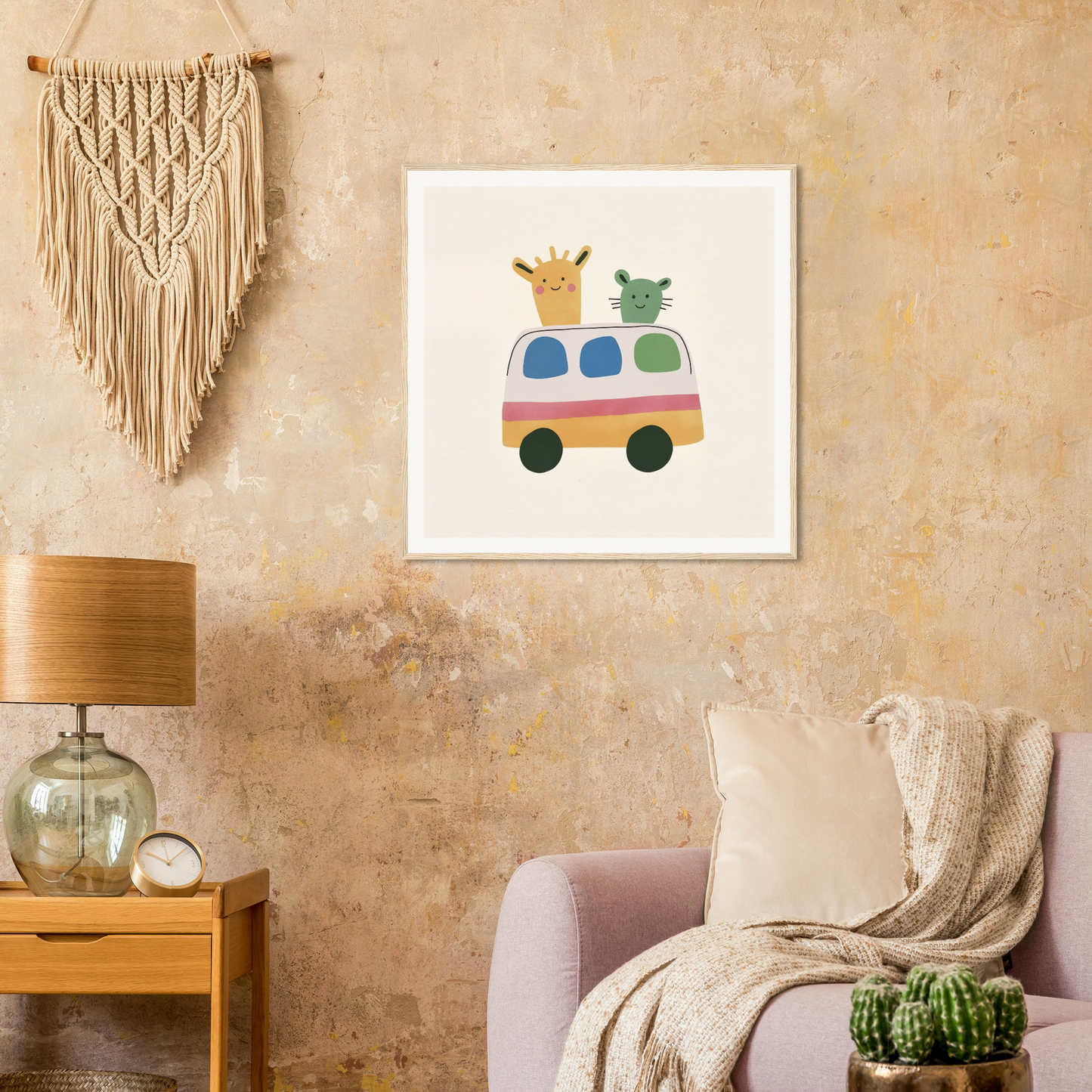 Whimsical illustration of a colorful bus with a giraffe and bear for Whimsical Prairies Journey