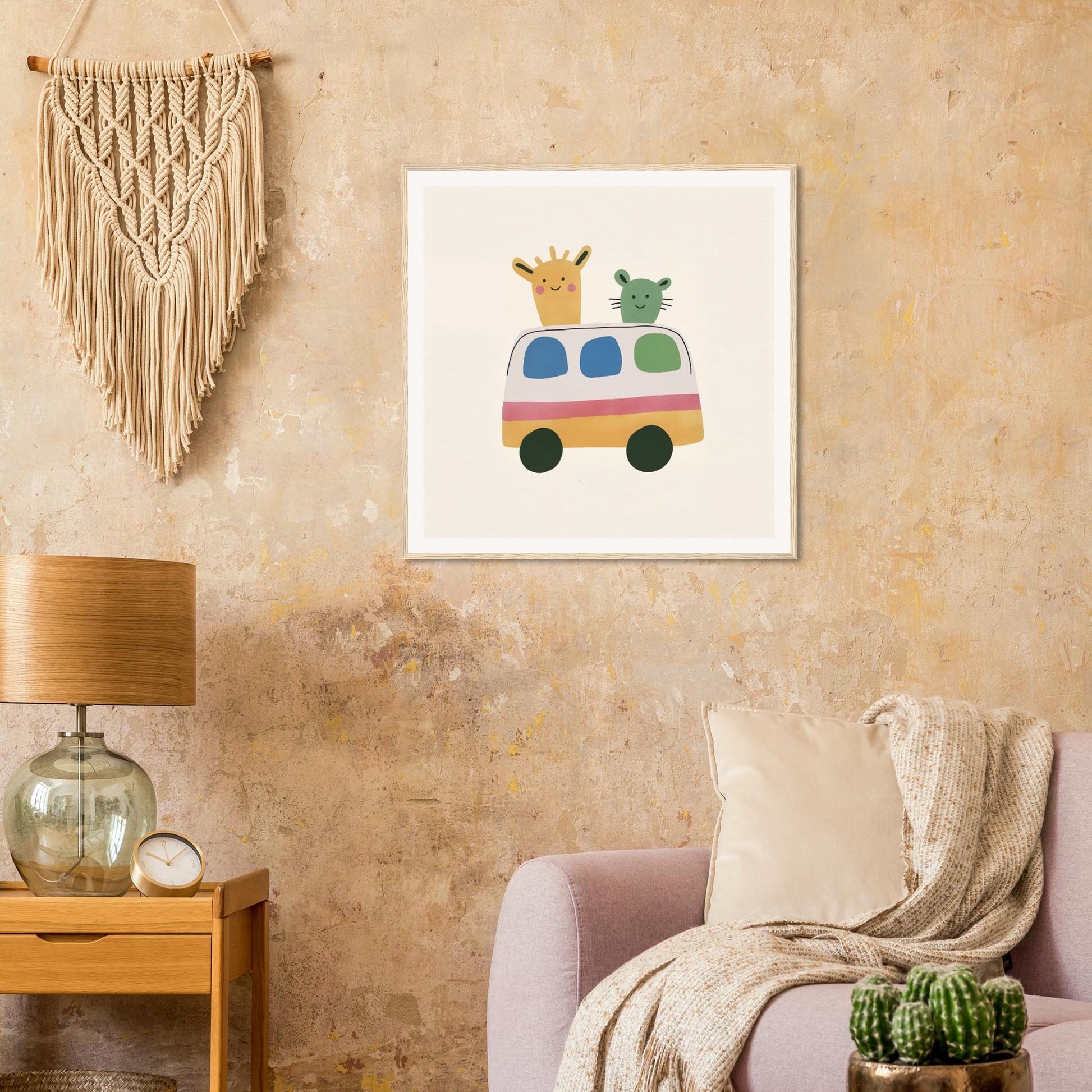 Whimsical illustration of a colorful bus with a giraffe and bear for Whimsical Prairies Journey