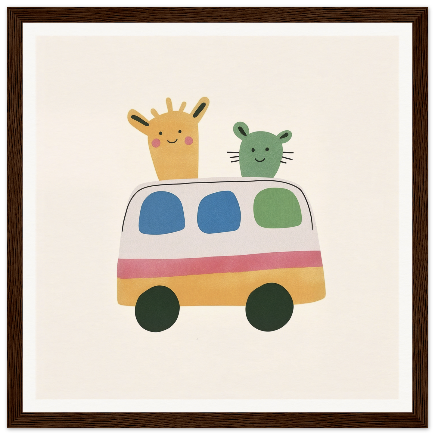 Cute cartoon van with a smiling giraffe and cat in Whimsical Prairies Journey