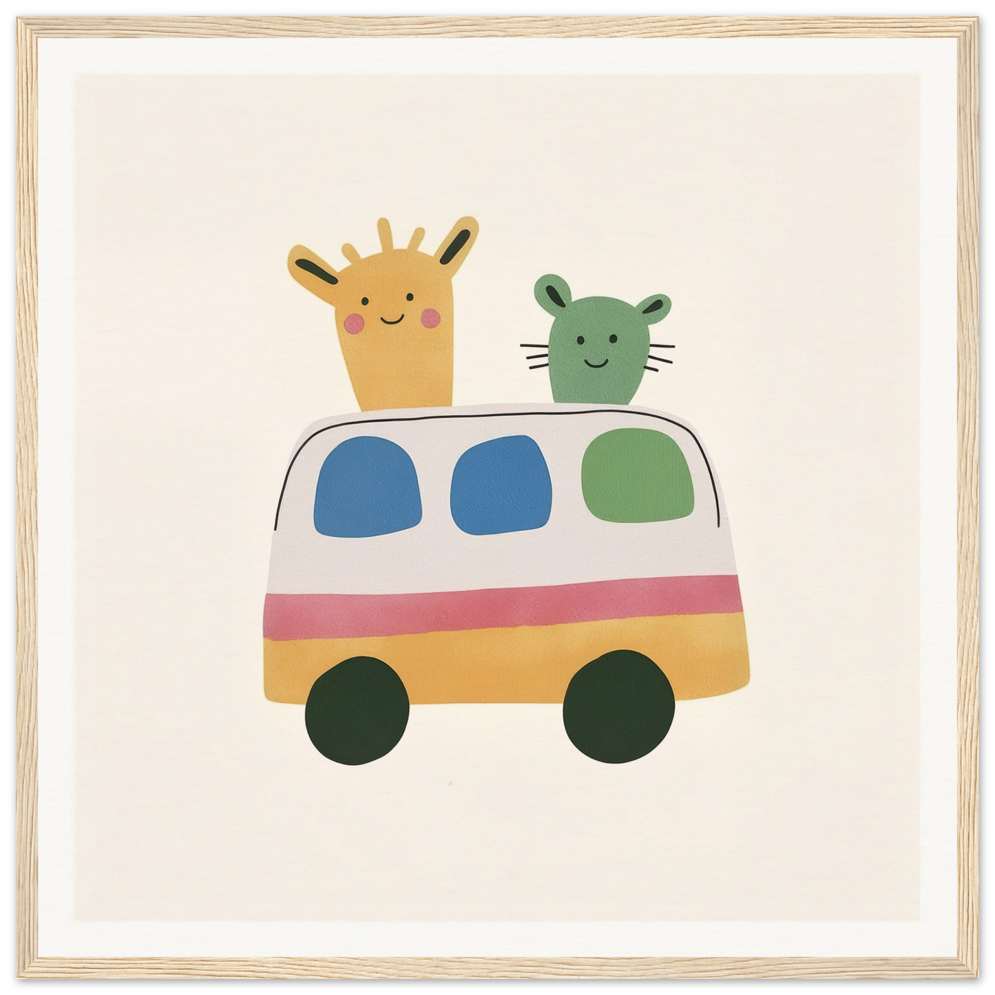 Colorful cartoon van with giraffe and cat peeking in Whimsical Prairies Journey product
