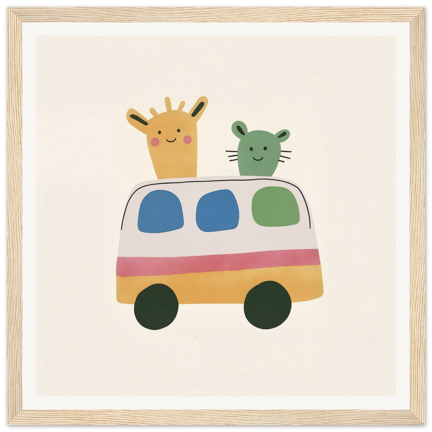 Colorful cartoon van with a giraffe and cat for Whimsical Prairies Journey product