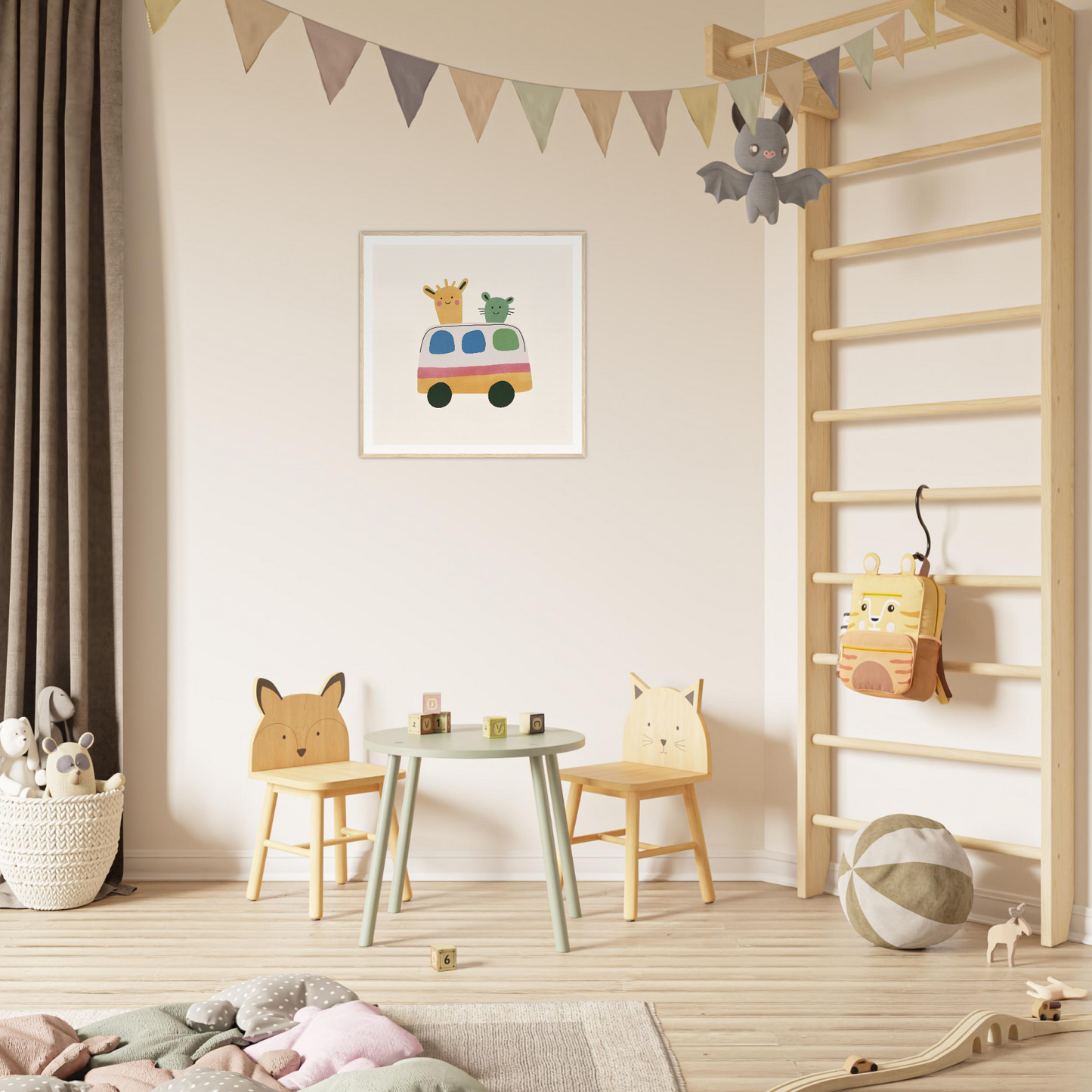 Whimsical Prairies Journey children’s play area with animal-themed chairs and round table