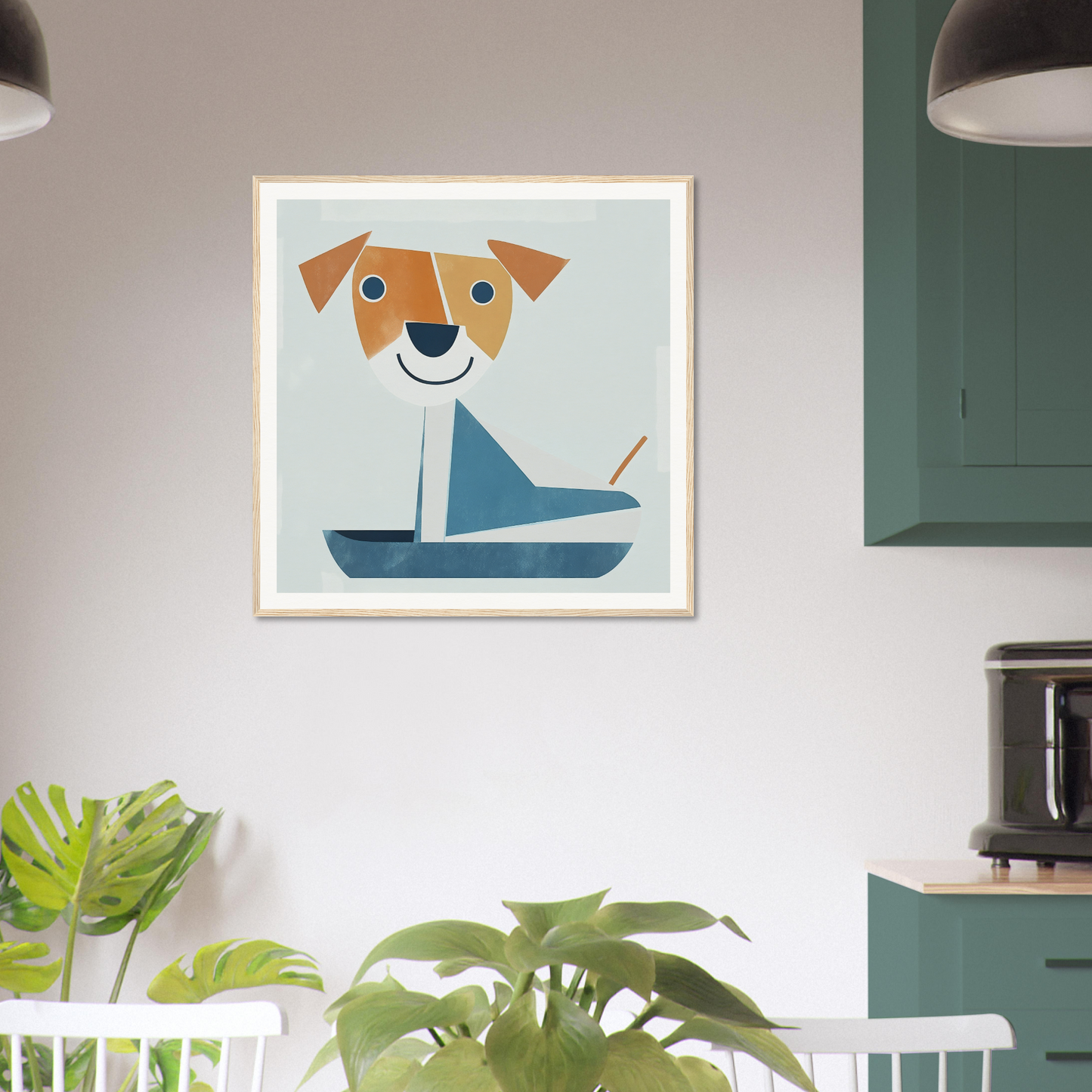 Framed cartoon illustration of a dog in a sailboat from Whimsical Pup special edition art™