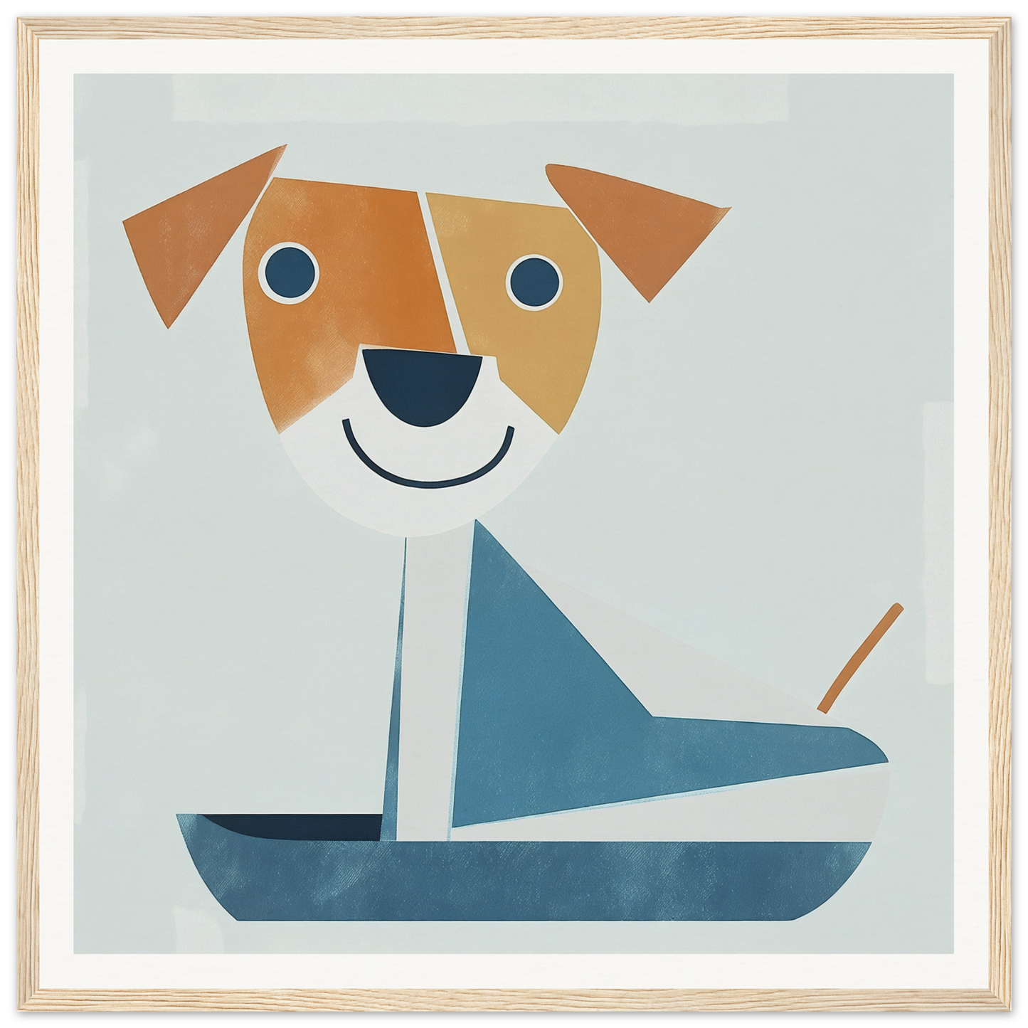 Geometric illustration of a smiling dog in a blue sailboat for Special Edition Art™