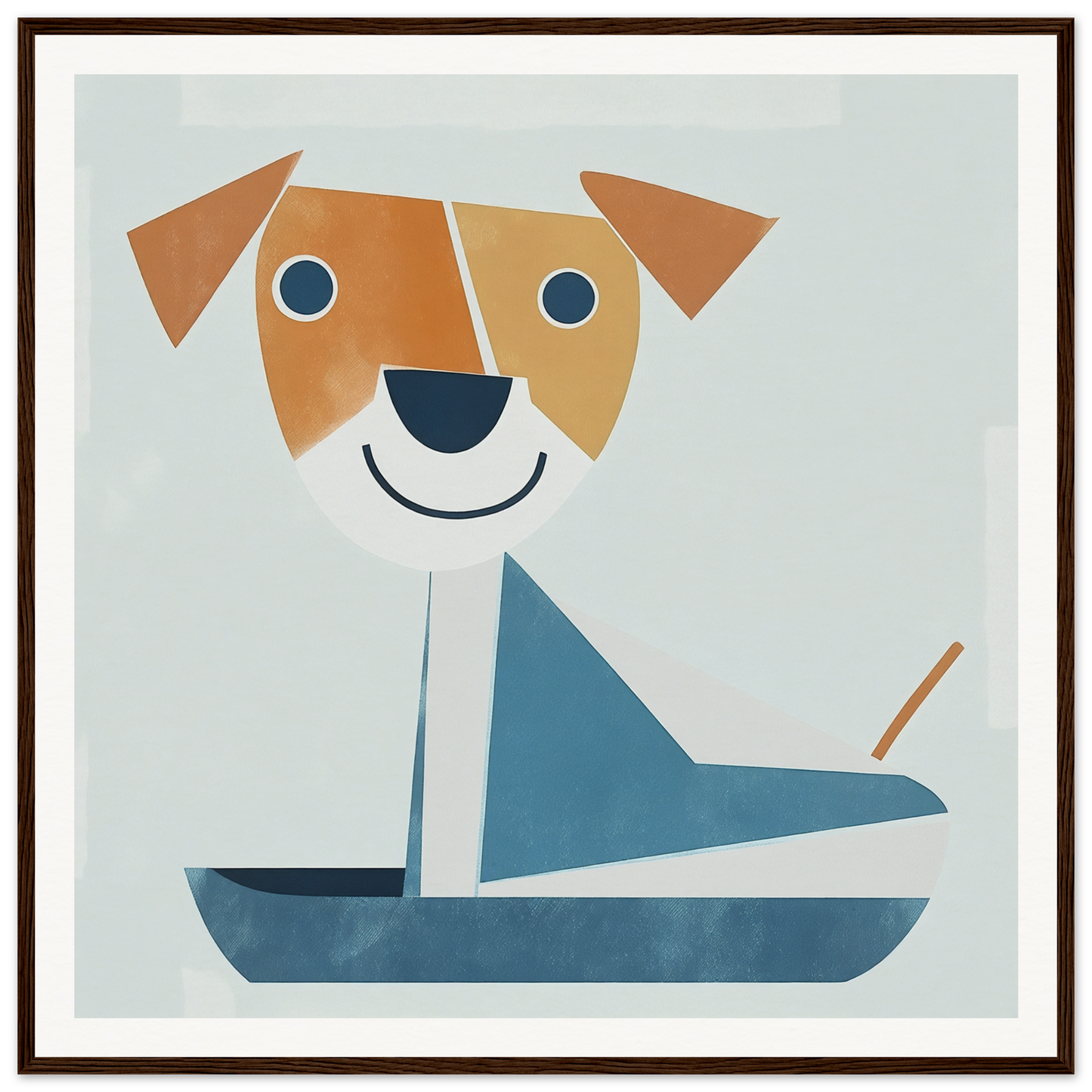 Geometric illustration of a smiling dog in a sailboat from Whimsical Pup Geometry special edition art